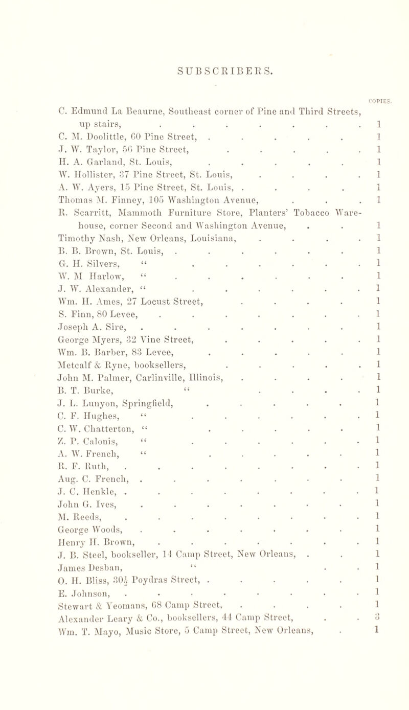f'OPIES. 1 1 1 1 1 1 1 1 1 1 1 1 1 1 1 1 1 1 1 1 1 1 1 1 1 1 1 1 1 1 1 1 1 1 1 1 1 1 ד• 0 1 C. Edmund La Beaurne, Southeast corner of Pine and Third Streets, up stairs, ....... C. M. Doolittle, CO Tine Street, ..... J. W. Taylor, 50 Pine Street, . II. A. Garland, St. Louis, ..... W. Hollister, 37 Tine Street, St. Louis, . A. W. Ayers, 15 Pine Street, St. Louis, .... Thomas M. Finney, 105 Washington Avenue, R. Scarritt, Mammoth Furniture Store, Planters’ Tobacco Ware- house, corner Second and Washington Avenue, Timothy Nash, New Orleans, Louisiana, . . . . B. B. Brown, St. Louis, ...... G. H. Silvers, “ ...... W. M Harlow, “...... J. W. Alexander, “ ...... Wm. II. Ames, 27 Locust Street, .... S. Finn, 80 Levee, ....... Joseph A. Sire, ....... George Myers, 32 Vine Street, ..... Wm. B. Barber, 83 Levee, ..... Metcalf & Ryne, booksellers, . . . . . John M. Palmer, Carlinville, Illinois, .... B. T. Burke, “ . . . . J. L. Lunyon, Springfield, ..... C. F. Hughes, “ ...... C. W. Chatterton, “ ..... '/*. P. Calonis, “ ...... A. W. French, “ ... R. F. Ruth, ...... Aug. C. French, ..... J. C. llenkle, ...... John G. Ives, ..... M. Reeds, ...... George Woods, ..... Henry II. Brown, ..... J. B. Steel, bookseller, 14 Camp Street, New Orleans, James Desban, “ O. II. Bliss, 301 l’oydras Street, . E. Johnson, ...... Stewart & Yeomans, G8 Camp Street, Alexander Leary & Co., booksellers, 44 Camp Street, Wm. T. Mayo, Music Store, 5 Camp Street, New Orleans,