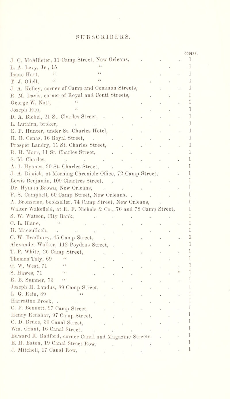 COPIES. 1 1 1 1 1 1 1 1 1 1 1 1 1 1 1 1 1 1 1 1 1 1 1 1 1 1 1 1 1 1 I 1 ] 1 1 1 1 1 1 1 1 1 J. C. McAllister, 11 Camp Street, New Orleans, L. A. Levy, .T1\, 15 Isaac Hart, “ “ T. J. Odell, “ “ • J. A. Kelley, corner of Camp and Common Streets, R. M. Davis, corner of Royal and Conti Streets, George W. Nott, “ . . Joseph Rau, “ D. A. Bickel, 21 St. Charles Street, .... L. Lutairn, broker, ... ... E. P. Hunter, under St. Charles Hotel, II. B. Cenas, 10 Royal Street, ..... Prosper Landry, 11 St. Charles Street, R. II. Marr, 11 St. Charles Street, .... S. M. Charles, ...... A. I. Ilyanes, 30 St. Charles Street, .... J. A. Dimick, at Morning Chronicle Office, 72 Camp Street, Lewis Benjamin, 109 Chartres Street, .... Dr. Hyman Brown, New Orleans, .... P. S. Campbell, 60 Camp Street, New Orleans, . A. Bronseme, bookseller, 74 Camp Street, New Orleans, Walter Wakefield, at R. F. Nichols & Co., 70 and 78 Camp Street, S. W. Watson, City Bank, ..... C. L. Blane, “ ..... H. Maccullocb, ....... C. W. Bradbury, 45 Camp Street, .... Alexander Walker, 112 Poydras Street, .... T. P. White, 26 Camp Street, .... Thomas Toly, 69 “ ..... G. W. West, 71 “ .... S. Hawes, 71 “ . . . . 11. B. Sumner, 73 “ Joseph II. Landus, 89 Camp Street, L. G. Rein, 89 “ Harratine Brock, ...... C. P. Bennett, 97 Camp Street, Henry Itenshar, 97 Camp Street, C. D. Bruce, 30 Canal Street, Win. Grant, 10 Canal Street, . Edward R. Radford, corner Canal and Magazine Streets. E. II. Eaton, 19 Canal Street Row,