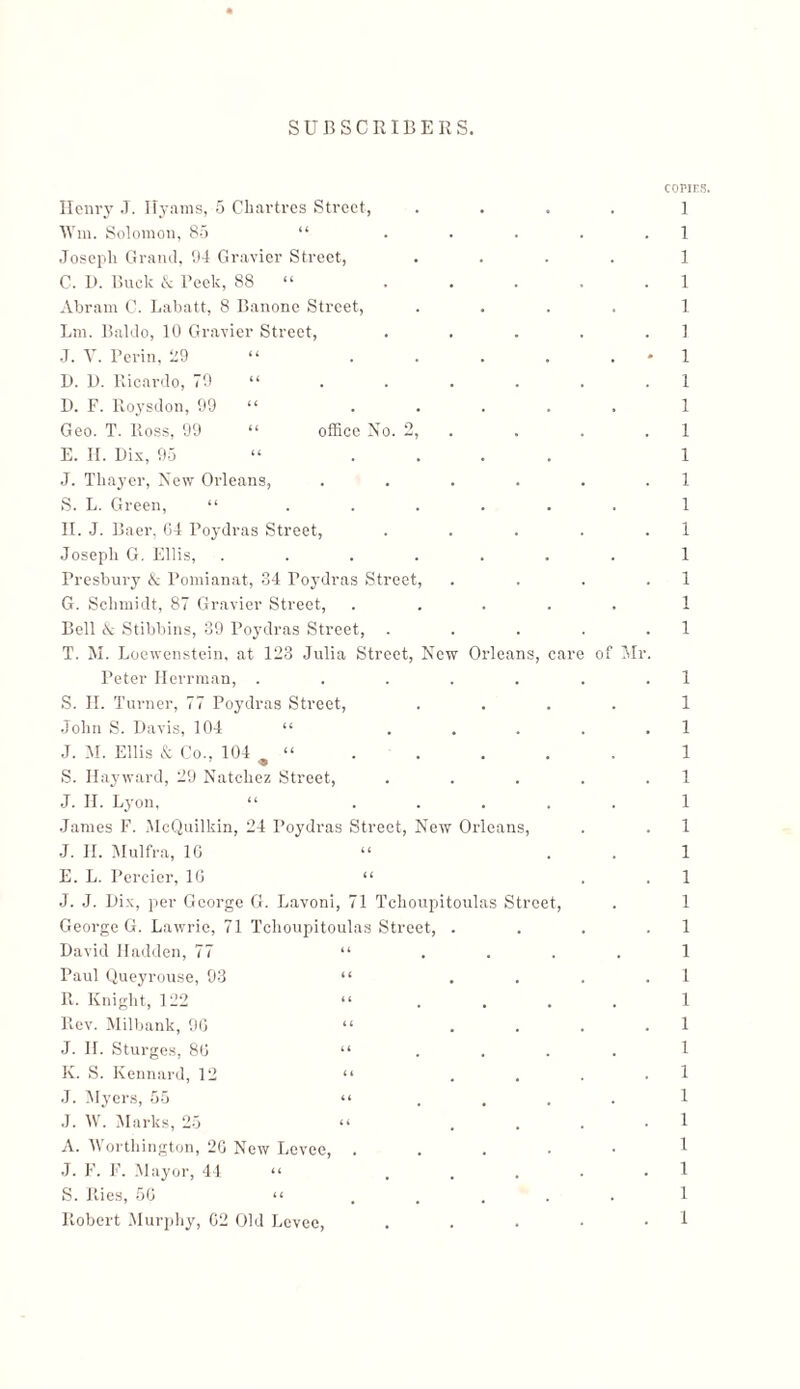 corn: ] 1 1 1 1 ] 1 1 1 1 1 1 1 1 1 1 1 1 1 1 1 1 1 1 1 1 1 1 1 1 1 1 1 1 1 1 1 1 1 1 1 of Mr. Henry J. Ilyams, 5 Chartres Street, Win. Solomon, 85 “ Joseph Grand, 94 Gravier Street, C. 1). Buck & Reek, 88 “ Abram C. Labatt, 8 Banone Street, Lm. Baldo, 10 Gravier Street, J. Y. Perin, 29 “ D. 1). Ricardo, 79 “ D. F. Roysdon, 99 “ . Geo. T. Ross, 99 “ office No. 2, E. II. Dix, 95 “ J. Thayer, New Orleans, S. L. Green, “ II. J. Baer. 64 Poydras Street, Joseph G. Ellis, .... Fresbury & Pomianat, 34 Toydras Street, G. Schmidt, 87 Gravier Street, Bell A Stibbins, 39 Poydras Street, . T. M. Loewenstein. at 123 Julia Street, New Orleans, care Peter Herrman, . S. H. Turner, 77 Poydras Street, John S. Davis, 104 “ J. M. Ellis & Co., 104 9 “ S. Hayward, 29 Natchez Street, J. II. Lyon, “ .... James F. McQuilkin, 24 Poydras Street, New Orleans, ■J. II. Mulfra, 16 E. L. Percier, 16 “ J. J. Dix, per George G. Lavoni, 71 Tchoupitoulas Street, George G. Lawrie, 71 Tchoupitoulas Street, . David Hadden, 77 “ . . . Paul Queyrouse, 93 “ . . R. Knight, 122 “ ... Rev. Milbank, 90 “ . . J. II. Sturges, 86 “ . . . K. S. Kennard, 12 “ . . J. Myers, 55 “ . . . J. W. Marks, 25 “ A. Worthington, 26 New Levee, .... J. F. F. Mayor, 44 “ S. Ries, 56 “ . . . • Robert Murphy, 62 Old Levee,