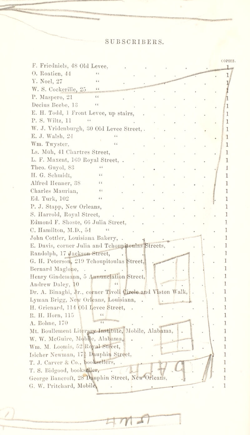 COPIES. ■r;u^-instithle,' Mobile, Alabama }l>%e, Alabama,1 . '1 lmuphin Street, S ,V ,, !in Street, New^Orlcai/s F. Friedniels, 48 Old Levee, O. Roatien, 44 “ Y. Noel, 27 “ W. S. Cockerillc, 20_ J‘ . P. Maspero, 21 “ . Decius Beebe, 13 “ E. H. Todd, 1 Front Levee, up stairs, P. S. Wiltz, 11 W. J. Vridenburgli, 30 Old Levee Street,. E. .T. Walsh, 24 Wm. Twyster, “ Ls. Muh, 41 Chartres Street, L. F. Maxent, 1 GO Royal Street, . Theo. Guyol, 83 “ II. G. Schmidt, “ Alfred Ilenner, 38 “ Charles Maurian, “ Ed. Turk, 102 P. J. Stapp, New Orleans, S. Ilarrold, Royal Street, Edmond F. Shoste, 6G Julia Street, C. Hamilton, M.B., 54 “ John Cottier, Louisiana Bakery, E. Davis, corner Julia and Tehou.pijtoulasl Randolph, 17 Jaclvsou-Street, G. H. Peterson, 219 Tchoupitoulas Bernard Maglone, Ilenry Gindemann, 5 Annunciation Andrew Daley, 10 “ / Dr. A. Binaghi, Jr., corner Tivoli Circle and Lyman Brigg, New Orleans, Louisiana, . If. Gricnard, 114 Old Revee Street, . It. II. Horn, 115 A. Boline, 170 Mt. Boullement Li W. W. McGuire, ג Wm. M. Loomis, 5 Isicher Newman, 11 T. J. Carver A Co., T. S. Bidgood, bo George Bancroft, G. W. Pritchard, Mo treets. jtreet, Street,