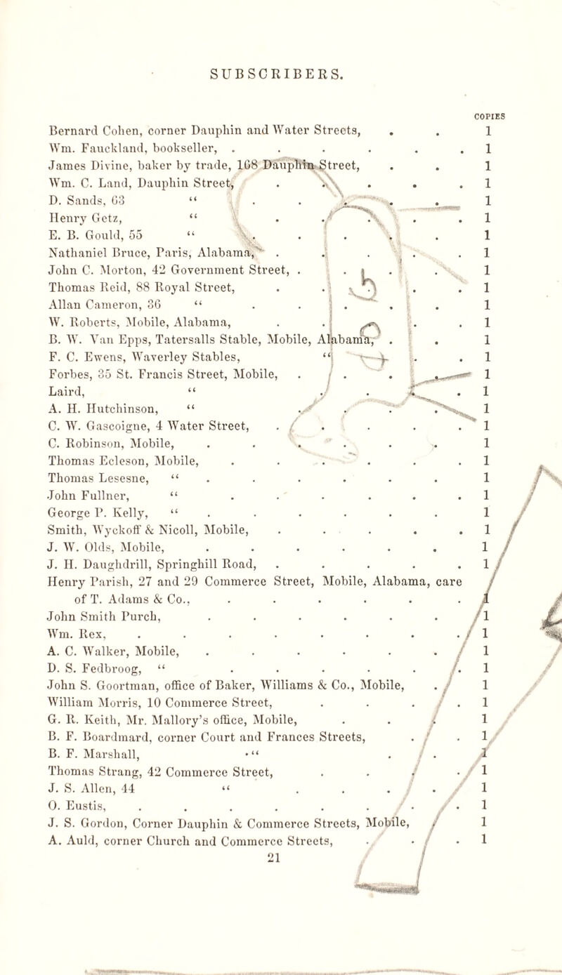 s\ V\ s . <r\ bama, ־־V> L Bernard Cohen, corner Dauphin and Water Streets, Wm. Fauckland, bookseller, . James Divine, baker by trade, 1C8 Dauphtn Street, Wm. C. Land, Dauphin Street, D. Sands, 03 “ Henry Getz, “ ; E. B. Gould, 55 “ V Nathaniel Bruce, Paris, Alabama, ' . John C. Morton, 42 Government Street, Thomas Reid, 88 Royal Street, Allan Cameron, 36 “ W. Roberts, Mobile, Alabama, B. W. Van Epps, Tatersalls Stable, Mobile F. C. Ewens, Waverley Stables, Forbes, 35 St. Francis Street, Mobile, Laird, “ A. H. Hutchinson, “ C. W. Gascoigne, 4 Water Street, C. Robinson, Mobile, Thomas Ecleson, Mobile, Thomas Lesesne, “ John Fullner, “ George P. Kelly, “ Smith, Wyckoff & Nicoll, Mobile, J. W. Olds, Mobile, J. II. Daughdrill, Springhill Road, Henry Parish, 27 and 29 Commerce Street, Mobile, Alabama, car of T. Adams & Co., ..... John Smith Purch, ..... Wm. Rex, ...... A. C. Walker, Mobile, ..... D. S. Fedbroog, “ .... John S. Goortman, office of Baker, Williams & Co., Mobile, William Morris, 10 Commerce Street, G. R. Keith, Mr. Mallory’s office, Mobile, B. F. Boardmard, corner Court and Frances Streets, B. F. Marshall, • “ Thomas Strang, 42 Commerce Street, J. S. Allen, 44 “ ... 0. Eustis, ...... J. S. Gordon, Corner Dauphin & Commerce Streets, Mobile, A. Auld, corner Church and Commerce Streets, ־ CJ