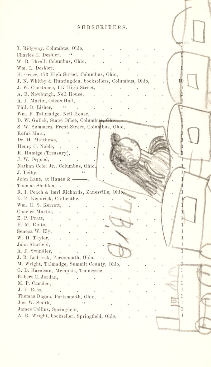 Ohio, J. Ridgway, Columbus, Ohio, Charles G. Deshler, “ AV. B. Thrall, Coiambus, Ohio, Wm. L. Deshler, ..... J. N. AVhitby & Huntingdon, booksellers, Columbus, J. AV. Constance, 117 High Street, A. B. Newburgh, Neil House, A. L. Martin, Odeon Hall, Phil. D. Lislier, “ . AVm. F. Tallmadge, Neil House, D. AV. Gulick, Stage Office, C S. AV. Summers, Front Street, C Rufus Main, “ Dr. H. Matthews, Henry C. Noble, R. Ilumige (Treasury), J. AV. Osgood, Nathan Cole, Jr., Columbus, Oh J. Leiby, “ John Lane, at Hanes & , Thomas Sheldon, . R. I. Peach & Imri Richards, Zanesville, Ohi E. P. Kendrick, Chilicothe, A\Tm. II. S. Kerrett, Charles Martin, E. P. Pratt, . II. M. Itinto, Seneca AV. Ely, . . . AV. II. Taylor, . . . • John Marfield, A. F. Swindler, J. B. Lodrirek, Portsmouth, Ohio, M. AVright, Talmadge, Summit County, Ohio, G. D. Haralsan, Memphis, Tennessee, Robert C. Jordan, M. P. Camden, .... J. F. Ross, .... Thomas Dugan, Portsmouth, Ohio, Jos. AV. Smith, “ James Collins, Springfield, A. R. AVright, bookseller, Springfield, Ohio,