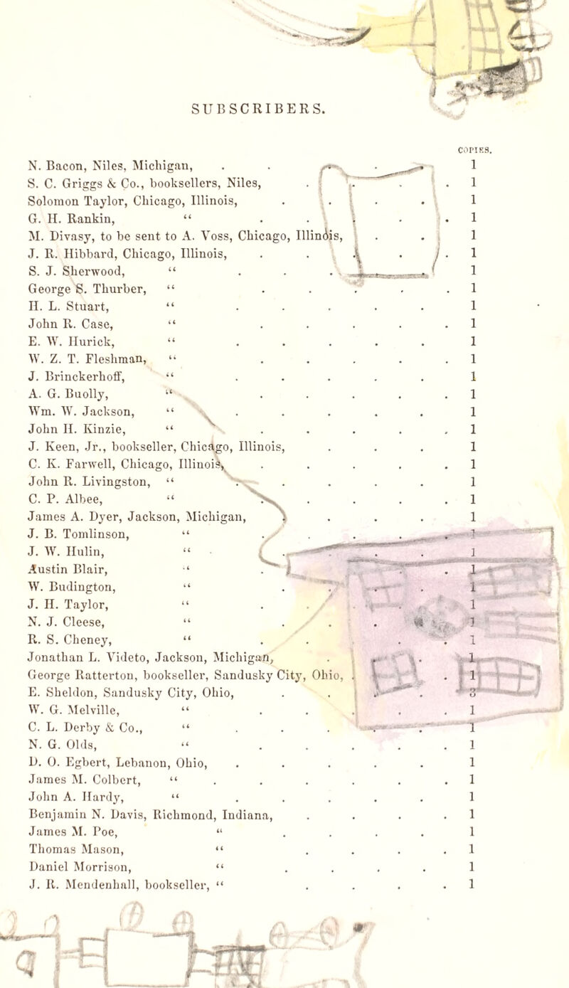 \ \ N. Bacon, Niles, Michigan, S. C. Griggs & Co., booksellers, Niles, Solomon Taylor, Chicago, Illinois, G. II. Rankin, “ . . M. Divasy, to be sent to A. Voss, Chicago, Illinois, J. R. Hibbard, Chicago, Illinois, S. J. Sherwood, “ . . . . George S. Thurber, “ II. L. Stuart, “ John R. Case, “ . E. W. Hurick, “ ... W. Z. T. Fleshman, “ J. Brinckerhoff, “ ... A. G. Buolly, “ . . Wm. W. Jackson, 11 John II. Kinzie, “ J. Keen, Jr., bookseller, Chicago, Illinois, C. K. Farwell, Chicago, Illinois, John R. Livingston, “ C. P. Albee, “ Janies A. Dyer, Jackson, Michigan, J. B. Tomlinson, “ J. W. Ilulin, Austin Blair, W. Budington, “ J. II. Taylor, “ N. J. Cleese, “ R. S. Cheney, Jonathan L. Videto, Jackson George Ratterton, bookseller E. Sheldon, Sandusky City, Ohio, W. G. Melville, C. L. Derby & Co., “ N. G. Olds, D. 0. Egbert, Lebanon, Ohio, James M. Colbert, “ John A. Hardy, “ Benjamin N. Davis, Richmond, Indiana, James M. Poe, “ Thomas Mason, “ Daniel Morrison, “ J. It. Mendenhall, bookseller, “ b Michigan, r, Sandusky City, Ohio, ״ ^ yf \