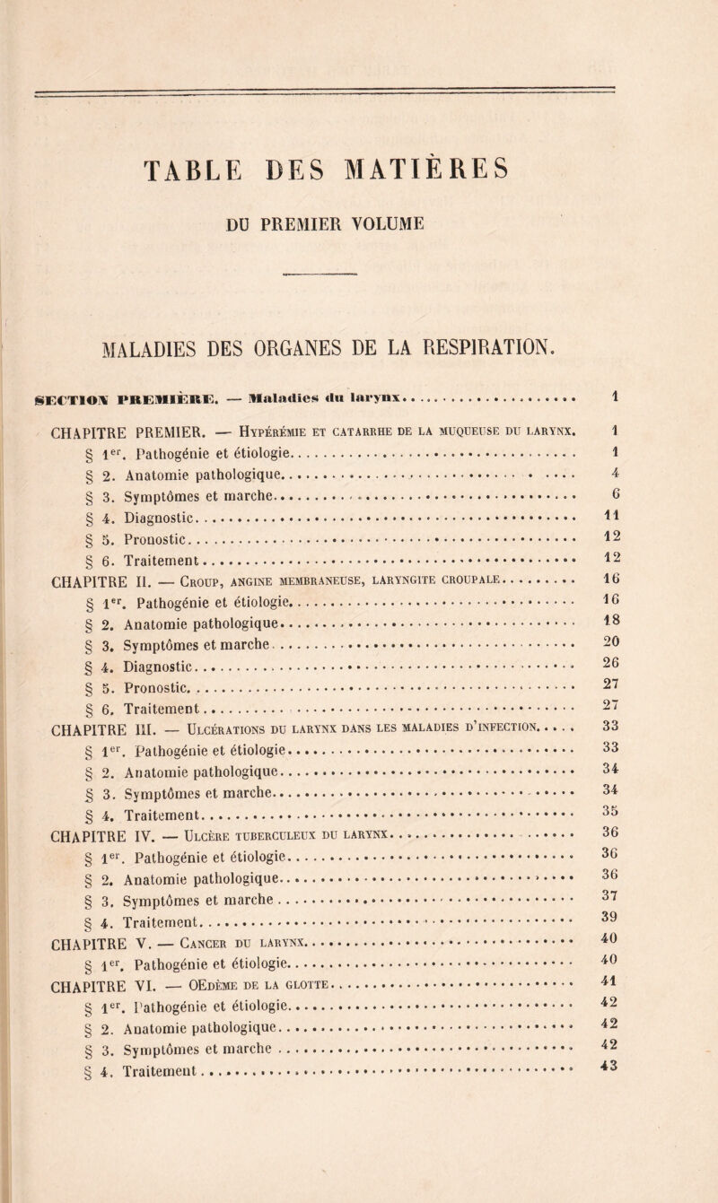 TABLE DES MATIERES DU PREMIER VOLUME MALADIES DES ORGANES DE LA RESPIRATION SECTION PREMIÈRE. — Maladies du larynx... 1 CHAPITRE PREMIER. — Hyperémie et catarrhe de la muqueuse du larynx. 1 § 1er. Pathogénie et étiologie.... 1 § 2. Anatomie pathologique....... 4 § 3. Symptômes et marche.«.. 6 § 4. Diagnostic. H § 5. Pronostic. 12 § 6. Traitement. 12 CHAPITRE II. — Croup, angine membraneuse, laryngite groupale. 16 § 1er. Pathogénie et étiologie. 16 § 2. Anatomie pathologique.... 18 § 3. Symptômes et marche . 20 § 4. Diagnostic.... 26 § 5. Pronostic... 27 § 6. Traitement. ... 27 CHAPITRE III. — Ulcérations du larynx dans les maladies d’infection. 33 § 1er. Pathogénie et étiologie.*. 83 § 2. Anatomie pathologique. 34 § 3. Symptômes et marche.-. 34 § 4. Traitement. 35 CHAPITRE IV. — Ulcère tuberculeux du larynx. .... 36 § 1er. Pathogénie et étiologie.. 36 § 2. Anatomie pathologique...• • «.. 36 § 3. Symptômes et marche. 37 § 4. Traitement..*. 39 CHAPITRE V. — Cancer du larynx.... 40 § 1er. Pathogénie et étiologie. 40 CHAPITRE VI. — OEdème de la glotte. 41 § 1er. Pathogénie et étiologie.. • • 42 § 2. Anatomie pathologique.. 42 § 3. Symptômes et marche.* 42