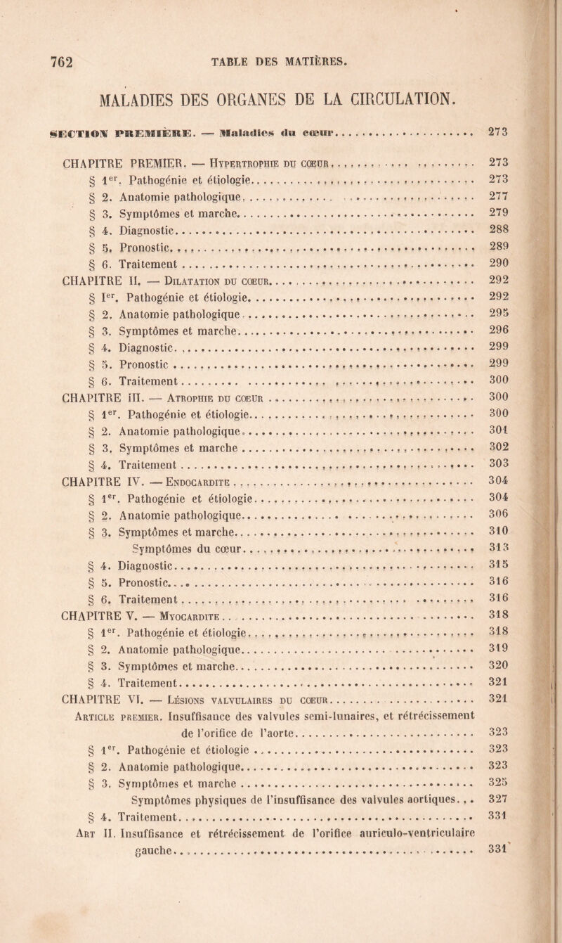MALADIES DES ORGANES DE LA CIRCULATION. SECTIOW PBEllIÈEfi. — Maladies du cœur... 273 ? f CHAPITRE PREMIER. — Hypertrophie du cœur § 1er. Pathogénie et étiologie.. § 2. Anatomie pathologique... § 3. Symptômes et marche. § 4. Diagnostic. § 5. Pronostic. ... § 6. Traitement... CHAPITRE II. — Dilatation du coeur. § Ier. Pathogénie et étiologie... § 2. Anatomie pathologique. § 3. Symptômes et marche.. § 4. Diagnostic. .. § 5. Pronostic... § 6. Traitement.. CHAPITRE III. — Atrophie du coeur . «.. « § 1er. Pathogénie et étiologie.. § 2. Anatomie pathologique... § 3. Symptômes et marche. § 4. Traitement..... CHAPITRE IV. — Endocardite. § 1er. Pathogénie et étiologie... § 2. Anatomie pathologique. § 3. Symptômes et marche....f » •. Symptômes du cœur................. § 4. Diagnostic.... § 5. Pronostic....e ....... ....-. § 6. Traitement........ ......... CHAPITRE V. — Myocardite. § 1er. Pathogénie et étiologie. ..... f.8 *,. s,.. § 2. Anatomie pathologique. » § 3. Symptômes et marche...... § 4. Traitement.......» CHAPITRE VI. — Lésions valvulaires du coeur. .... Article premier. Insuffisance des valvules semi-lunaires, et rétrécissement de l’orifice de l’aorte.... § 1er. Pathogénie et étiologie .. § 2. Anatomie pathologique..... § 3. Symptômes et marche.* • • Symptômes physiques de l’insuffisance des valvules aortiques.,. § 4. Traitement. . .. Art II. Insuffisance et rétrécissement de l’orifice auriculo-ventriculaire gauche... 273 273 277 279 288 289 290 292 292 295 296 299 299 300 300 300 301 302 303 304 304 306 310 313 315 316 316 318 318 319 320 321 321 323 323 323 325 327 331 331