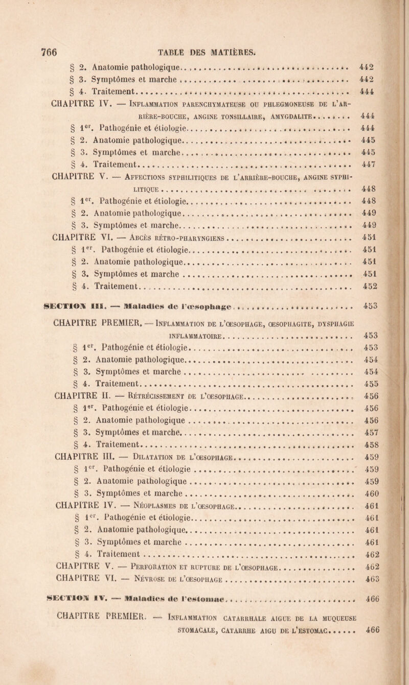 § 2. Anatomie pathologique.. .........*... 442 § 3. Symptômes et marche ».... ..,. *.. *. 442 § 4. Traitement...».... 444 CHAPITRE IV. — Inflammation parenchymateuse ou phlegmoneuse de l’ar¬ rière-bouche, ANGINE TONSILLAIRE, AMYGDALITE. . . . * . * . 444 § 1er. Pathogénie et étiologie................ 444 § 2. Anatomie pathologique....».. 445 § 3. Symptômes et marche. ...*.. *. 445 § 4. Traitement. .....*.... 447 CHAPITRE V. — Affections syphilitiques de l’arrière-bouche, angine syphi¬ litique ..... ........ 448 § 1er. Pathogénie et étiologie....... 448 § 2. Anatomie pathologique...*.»... 449 § 3. Symptômes et marche.....*. 449 CHAPITRE VI. — Abcès rétro-pharyngiens.*. 451 § 1er. Pathogénie et étiologie...«. 451 § 2. Anatomie pathologique...... 451 § 3. Symptômes et marche ..... 451 § 4. Traitement.. ........ 452 ISISCTI©]! III» — Maladies de rœsogthage... 453 CHAPITRE PREMIER. — Inflammation de l’oesophage, qesophagite, dysphagie inflammatoire, .... 453 § 1er. Pathogénie et étiologie.. 453 § 2. Anatomie pathologique.... 454 § 3. Symptômes et marche ..... 454 § 4. Traitement....... 455 CHAPITRE II. —- Rétrécissement de l’oesophage...., 456 § l-r. Pathogénie et étiologie......... 456 § 2. Anatomie pathologique ..». 456 § 3. Symptômes et marche..... 457 § 4. Traitement...... 458 CHAPITRE III. —■ Dilatation de l’oesophage. .. 459 § 1er. Pathogénie et étiologie...... 459 § 2. Anatomie pathologique....... 459 § 3. Symptômes et marche ... 460 CHAPITRE IV. — Néoplasmes de l’œsophage.. ... 461 § 1er. Pathogénie et étiologie... 461 § 2. Anatomie pathologique..... 461 § 3. Symptômes et marche...... 461 § 4. Traitement..... 462 CHAPITRE V. — Perforation et rupture de l’oesophage.. 462 CHAPITRE VI. — Névrose de l’oesophage..... 463 SSEC/TIOM IV. •— Maladies de l’es tourne,. .... 466 CHAPITRE PREMIER. — Inflammation catarrhale aigue de là muqueuse stomacale, catarrhe aigu de l’estomac. ..... 466
