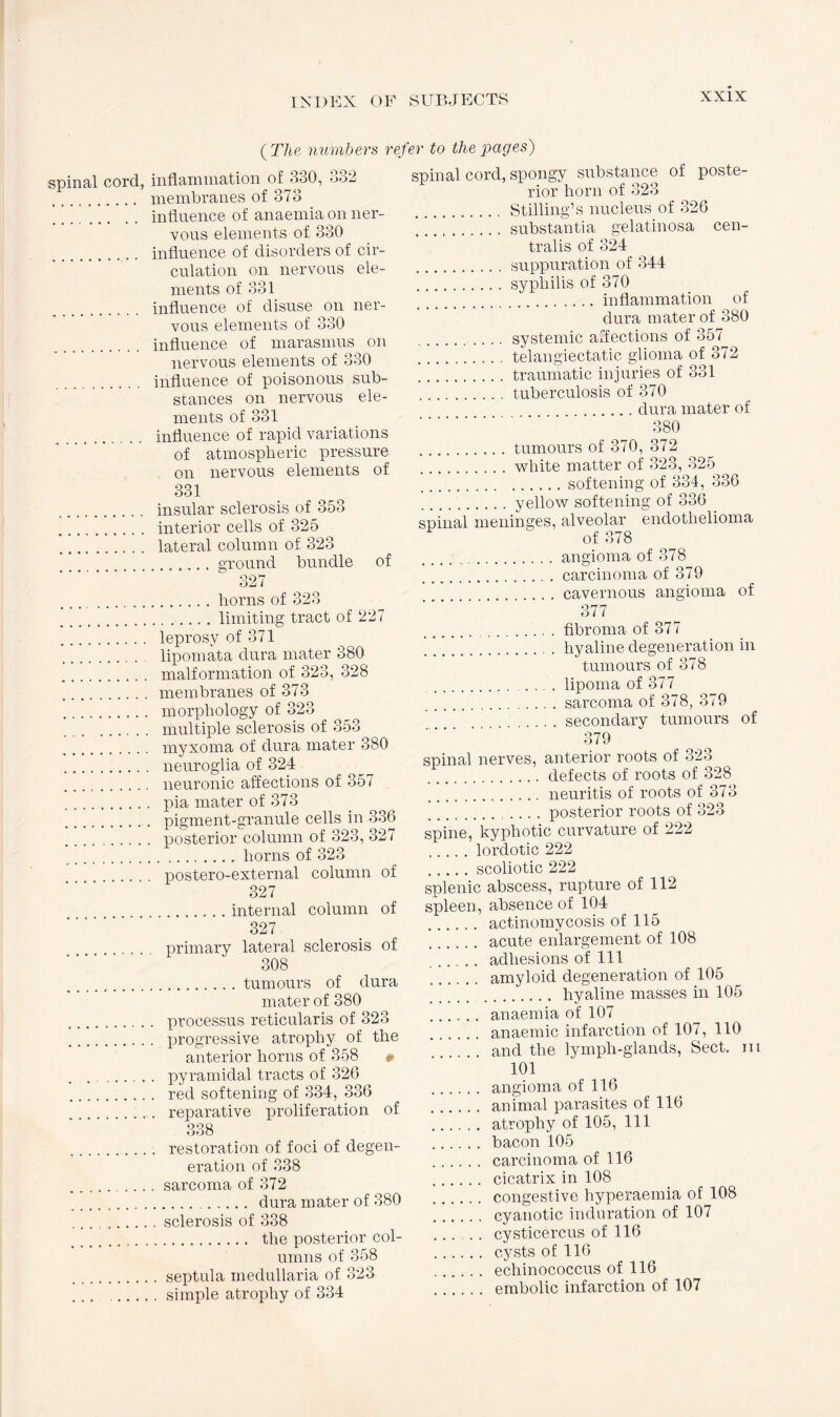 spinal cord, ( The numbers refer to the pages') inflammation of 330, 332 membranes of 373 influence of anaemia on ner¬ vous elements of 330 influence of disorders of cir¬ culation on nervous ele¬ ments of 331 influence of disuse on ner¬ vous elements of 330 influence of marasmus on nervous elements of 330 influence of poisonous sub¬ stances on nervous ele¬ ments of 331 influence of rapid variations of atmospheric pressure on nervous elements of 331. insular sclerosis of 353 interior cells of 325 lateral column of 323 .... ground bundle of 327 .horns of 323 .limiting tract of 227 leprosy of 371 lipomata dura mater 380 malformation of 323, 328 membranes of 373 morphology of 323 multiple sclerosis of 353 myxoma of dura mater 380 neuroglia of 324 neuronic affections of 357 pia mater of 373 pigment-granule cells in 336 . posterior column of 323, 327 .horns of 323 postero-external column of 327 .internal column of 327 primary lateral sclerosis of 308 .tumours of dura mater of 380 . processus reticularis of 323 . progressive atrophy of the anterior horns of 358 . pyramidal tracts of 326 . red softening of 334, 336 . reparative proliferation of 338 . restoration of foci of degen¬ eration of 338 . sarcoma of 372 . dura mater of 380 . sclerosis of 338 . the posterior col¬ umns of 358 . septula medullaria of 323 . simple atrophy of 334 spinal cord, spongy substance of poste¬ rior horn of 323 .Stilling’s nucleus of 326 ’ [.substantia gelatinosa cen¬ tralis of 324 .suppuration of 344 .syphilis of 370 .inflammation of dura mater of 380 .systemic affections of 357 .telangiectatic glioma of 372 .traumatic injuries of 331 .tuberculosis of 370 .dura mater of 380 .tumours of 370, 372 .white matter of 323, 325 .softening of 334, 336 .yellow softening of 336 spinal meninges, alveolar endothelioma of 378 .angioma of 378 .carcinoma of 379 .cavernous angioma of 377 .. fibroma of 377 .hyaline degeneration in tumours of 378 .. lipoma of 377 .sarcoma of 378, 379 .... secondary tumours of 379 spinal nerves, anterior roots of 323 .defects of roots of 328 .neuritis of roots of 373 .posterior roots of 323 spine, kyphotic curvature of 222 .lordotic 222 .scoliotic 222 splenic abscess, rupture of 112 spleen, absence of 104 . actinomycosis of 115 . acute enlargement of 108 . adhesions of 111 amyloid degeneration of 105 .hyaline masses in 105 . anaemia of 107 . anaemic infarction of 107, 110 . . . and the lymph-glands, Sect, m 101 . angioma of 116 . animal parasites of 116 . atrophy of 105, 111 . bacon 105 . carcinoma of 116 . cicatrix in 108 . congestive hyperaemia of 108 . cyanotic induration of 107 ..... cysticercus of 116 . cysts of 116 . echinococcus of 116 . embolic infarction of 107