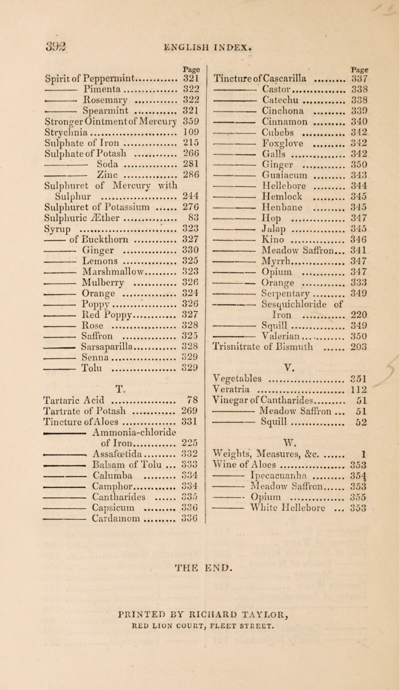 Page Spirit of Peppermint. 321 - Pimenta. 322 • -- Rosemary . 322 • - Spearmint . 321 Stronger Ointment of Merciuy 359 Stryclinia. 109 Sulphate of Iron .. 215 Sulphate of Potash . 266 --Soda 281 -Zinc 286 Sulphuret of Mercury with Sulphur . 244 Sulphuret of Potassium . 276 Sulphuric iEther .. 83 Syrup . 323 -of Buckthorn . 327 - Ginger . 330 -Lemons . 325 ■- Marshmallow. 323 --Mulberry . 326 - Orange . 324 - Poppy. 326 - Red Poppy. 327 - Rose . 328 - Saffron . 325 — Sarsaparilla. 328 -- Senna. 329 -- Tolu . 329 T, Tartaric Acid . 78 Tartrate of Potash . 269 Tincture of Aloes . 331 — -- Ammonia-chloride of Iron. 225 ■ Assafoetida. 332 - Balsam of Tolu ... 333 -Calumha . 334 - .. Camphor. 334 - Cantharides . 335 - Capsicum . 336 -Cardamom. 336 Page Tincture of Cascarilla . 337 -Castor. 338 -Catechu . 338 -Cinchona . 339 -Cinnamon . 340 -Cubebs . 342 -Foxglove . 342 -Galls . 342 -Ginger . 350 -Guaiacum . 343 • -Hellebore . 344 -Hemlock . 345 -Henbane . 345 • -Hop . 347 -— J alap ... 34o -Kino . 346 -Meadow Saffron... 341 -Myrrh. 347 -Opium . 347 ■ -Orange . 333 -Serpentary.. 349 -Sesquichloride of Iron . 220 -Squill. 349 -Valerian. 350 Trisnitrate of Bismuth . 203 V. Vegetables . 351 Veratria . 112 Vinegar of Cantharides. 51 - Meadow Saffron ... 51 -Squill. 52 W. Weights, Measures, &c. 1 Wine of Aloes . 353 ■ - Ipecacuanha . 35^1 - Ivleadow Saffron. 353 -Opium . 355 - AVhite Hellebore ... 353 THE END. rilINTED BY RICHARD TAYLOR, RED LION COURT, FLEET STREET.