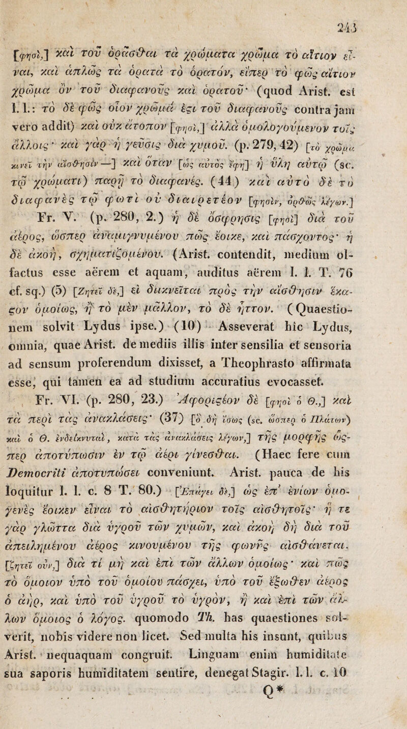 24,5 [φησίλ] ζαϊ τον όράσ&αι τά χρώματα χρώμα το αίτιον εί¬ ναι, καί απλώς τα ορατά το ορατόν, είπερ το φως αίτιον χρώμα ον τον διαφανούς και ορατού’ (quod Arist. esi 1.1.: το δέ φως οίον χρώμα έςιτοΰ διαφανούς contra jam vero addit) και ονκ ατοπον \φψήλ\ άλλα ομολόγουμενον τυΊς αλλοις’ καϊ γάρ η γευσις διά χυμοϋ. (ρ. 279, 42) [το■ χρωμ<Λ κινεί την άϊσ&ησίν —] και όταν [ως αυτός εφη] η υλη aVTCG (sc. τω χρώματι) παρρ τό διαφανές. (44) κατ αυτό δέ τό διαφανές τω φωτϊ ον διαιρετέου [ψησίν, όρ&ως λέγω?.] Fr. Υ. (Ρ. 280, 2.) η δέ όσφρησις [φηόϊ] διά του άέρος, ώσπερ άναμιγννμένον πώς εοικε, και πάσχοντος’ η δέ άκοη, αχηματίζομένον. (Arist. contendit, medium ol¬ factus esse aerem et aquam, auditus aerem 1. 1. T. 76 cf. sq.) (5) [Ζητεί r)f,] ei διικνεΐται προς την αίσδησιν έκα- ςον ομοίως, μ τό μέν μάλλον, τό δέ ηττον. (Quaestio¬ nem solvit Lydus ipse.) (10) Asseverat hic Lydus, omnia, quae Arist. de mediis illis inter sensilia et sensoria ad sensum proferendum dixisset, a Theophrasto affirmata esse, qui tamen ea ad studium accuratius evocasset. Fr. YI. (p. 280, 23.) ’Λφοριςέον δέ [τρηοΐ 6 Θ.,~] καϊ τά περί τάς ανακλάσεις' (37) [ο δη Ισως (sc. ωοπεο ο ΙΙλά,ιων) χαί ο Θ. Ινδείκνυταϊ > κατά τάς ανακλάσεις λέγοη’έ] της μορφής ως- περ άποτνπωσιν έν τω αέρι γίνεσ&αι. (Haec fere cum Democriti άποτνπώσει conveniunt. Arist. pauca de his loquitur 1. 1. c. 8 T. 80.) ['Έπάγει <?>,] ώς έπ ένίων ομο¬ γενές εοικεν είναι τό αϊσΰ'ητηριον τοίς αϊσ&ητοϊς' η τε γάρ γλώττα διά υγρόν τών χυμών, και άκοη δη διά του άπειλημένου άέρος κινούμενου της φωννς αϊσ&άνεται. [ζητεί ονν,] διά τί μη και έπϊ τών άλλων ομοίως’ καϊ πως τό όμοιον υπό του όμοιου πάσχει, υπό του εξω&εν άέρος ό άηρ, καϊ υπό τον νγροϋ τό υγρόν, η καϊ 'έπϊ τών άλ¬ λων όμοιος ό λόγος, quomodo Th. has quaestiones sol¬ verit, nobis videre non licet. Sed multa his insunt, quibus Arist. nequaquam congruit. Linguam enim humi ditat e sua saporis humiditatem sentire, denegat Stagir. Ll. c, 10 Q*