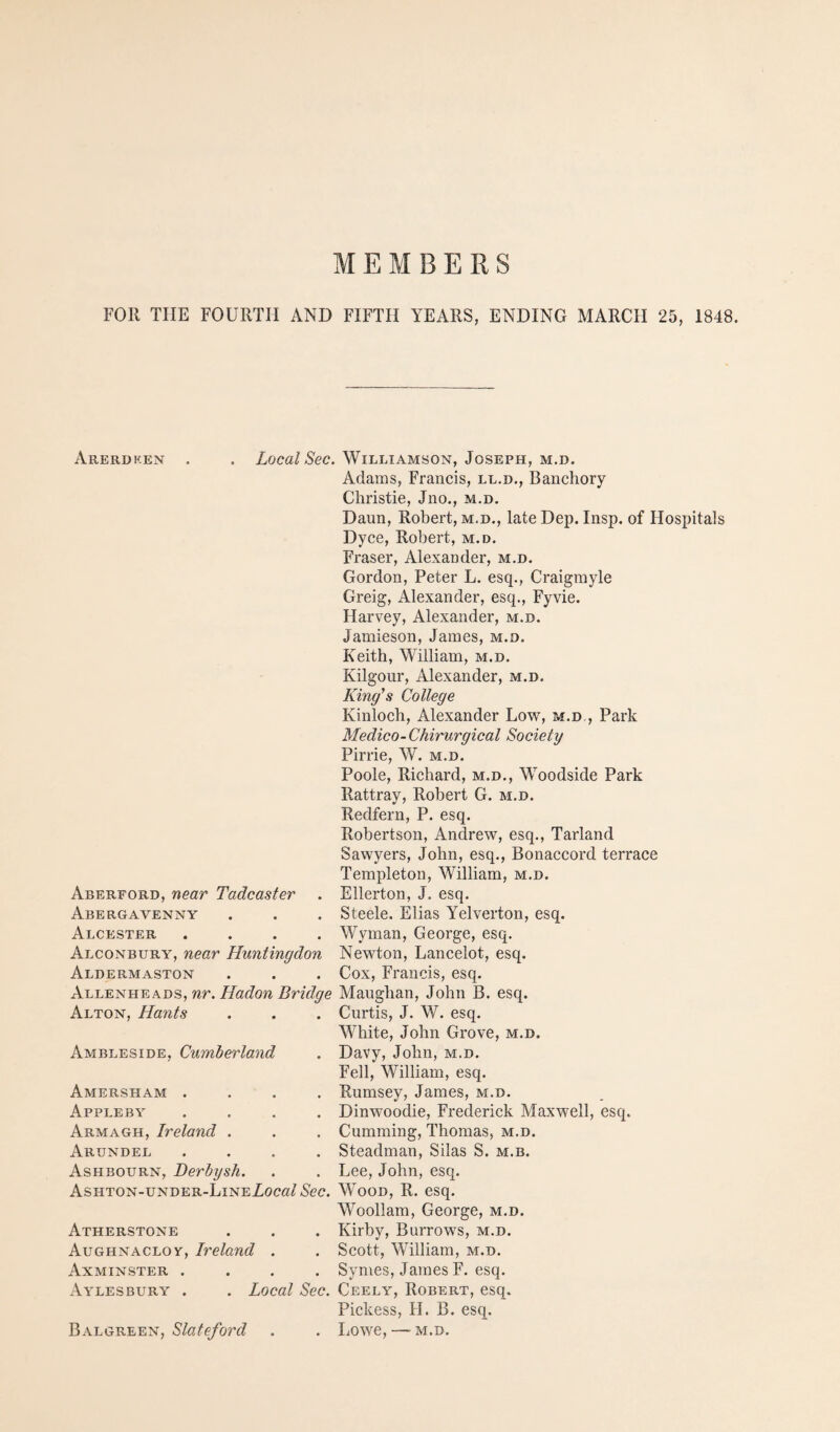 MEMBERS FOR THE FOURTH AND FIFTH YEARS, ENDING MARCH 25, 1848. Arerdhen . Local Sec. Aberford, near Tadcaster Abergavenny Alcester .... Alconbury, near Huntingdon Aldermaston Allenheads, nr. Hadon Bridge Alton, Hants Ambleside, Cumberland Amersham . Appleby Armagh, Ireland . Arundel Ashbourn, Derbysh. AsHTON-UNDER-LiNEZoea^ Sec. Atherstone Aughnacloy, Ireland . Axminster .... Aylesbury . . Local See. Balgreen, Slateford Williamson, Joseph, m.d. Adams, Francis, ll.d., Banchory Christie, Jno., m.d. Daun, Robert, m.d., late Dep. Insp. of Hospitals Dyce, Robert, m.d. Fraser, Alexander, m.d. Gordon, Peter L. esq., Craigmyle Greig, Alexander, esq., Fyvie. Harvey, Alexander, m.d. Jamieson, James, m.d. Keith, William, m.d. Kilgour, Alexander, m.d. King's College Kinloch, Alexander Low, m.d,, Park Medico-Chirurgical Society Pirrie, W. m.d. Poole, Richard, m.d., Woodside Park Rattray, Robert G. m.d. Redfern, P. esq. Robertson, Andrew, esq., Tarland Sawyers, John, esq., Bonaccord terrace Templeton, William, m.d. Ellerton, J. esq. Steele. Elias Yelverton, esq. Wyman, George, esq. Newton, Lancelot, esq. Cox, Francis, esq. Maughan, John B. esq. Curtis, J. W. esq. White, John Grove, m.d. Davy, John, m.d. Fell, William, esq. Rumsey, James, m.d. Dinwoodie, Frederick Maxwell, esq. Gumming, Thomas, m.d. Steadman, Silas S. m.b. Lee, John, esq. Wood, R. esq. Woollam, George, m.d. Kirby, Burrows, m.d. Scott, William, m.d. Symes, James F. esq. Ceely, Robert, esq. Pickess, H. B. esq. Lowe, — M.D.