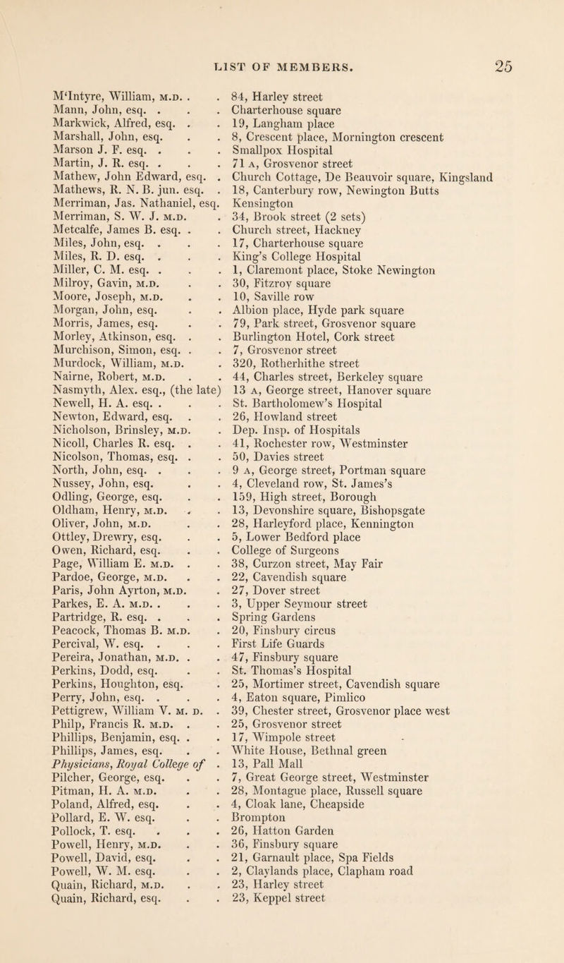 M‘Intyre, William, m.d. . Mann, John, esq. . Markwick, Alfred, esq. . Marshall, John, esq. Marson J. F. esq. . Martin, J. R. esq. . Mathew, John Edward, esq. . Mathews, R. N. B. jun. esq. . Merriman, Jas. Nathaniel, esq. Merriman, S. W. J. m.d. Metcalfe, James B. esq. . Miles, John, esq. . Miles, R. D. esq. . Miller, C. M. esq. . Milroy, Gavin, m.d. Moore, Joseph, m.d. Morgan, John, esq. Morris, James, esq. Morley, Atkinson, esq. . Murchison, Simon, esq. . Murdock, William, m.d. Nairne, Robert, m.d. Nasmyth, Alex, esq., (the late) Newell, H. A. esq. . Newton, Edward, esq. Nicholson, Brinsley, m.d. Nicoll, Charles R. esq. . Nicolson, Thomas, esq. . North, John, esq. . Nussey, John, esq. Odling, George, esq. Oldham, Henry, m.d. Oliver, John, m.d. Ottley, Drewry, esq. Owen, Richard, esq. Page, William E. m.d. . Pardoe, George, m.d. Paris, John Ayrton, m.d. Parkes, E. A. m.d. , Partridge, R. esq. . Peacock, Thomas B. m.d. Percival, W. esq. . Pereira, Jonathan, m.d. . Perkins, Dodd, esq. Perkins, Houghton, esq. Perry, John, esq. . Pettigrew, William V. m. d. . Philp, Francis R. m.d. . Phillips, Benjamin, esq. . Phillips, James, esq. Physicians, Royal College of . Pilcher, George, esq. Pitman, H. A. m.d. Poland, Alfred, esq. Pollard, E. W. esq. Pollock, T. esq. Powell, Henry, m.d. Powell, David, esq. Powell, W. M. esq. Quain, Richard, m.d. Quain, Richard, esq. 84, Harley street Charterhouse square 19, Langham place 8, Crescent place, Mornington crescent Smallpox Hospital 71a, Grosvenor street Church Cottage, De Beauvoir square, Kingsland 18, Canterbury row, Newington Butts Kensington 34, Brook street (2 sets) Church street, Hackney 17, Charterhouse square King’s College Hospital 1, Claremont place. Stoke Newington 30, Fitzroy square 10, Saville row Albion place, Hyde park square 79, Park street, Grosvenor square Burlington Hotel, Cork street 7, Grosvenor street 320, Rotherhithe street 44, Charles street, Berkeley square 13 A, George street, Hanover square St. Bartholomew’s Hospital 26, Howland street Dep. Insp. of Hospitals 41, Rochester row, Westminster 50, Davies street 9 A, George street, Portman square 4, Cleveland row, St. James’s 159, High street. Borough 13, Devonshire square, Bishopsgate 28, Harleyford place, Kennington 5, Lower Bedford place College of Surgeons 38, Curzon street. May Fair 22, Cavendish square 27, Dover street 3, Upper Seymour street Spring Gardens 20, Finsbury circus First Life Guards 47, Finsbury square St. Thomas’s Hospital 25, Mortimer street, Cavendish square 4, Eaton square, Pimlico 39, Chester street, Grosvenor place west 25, Grosvenor street 17, Wimpole street White House, Bethnal green 13, Pall Mall 7, Great George street, Westminster 28, Montague place, Russell square 4, Cloak lane, Cheapside Brompton 26, Hatton Garden 36, Finsbury square 21, Garnault place. Spa Fields 2, Claylands place, Clapham road 23, Harley street 23, Keppel street