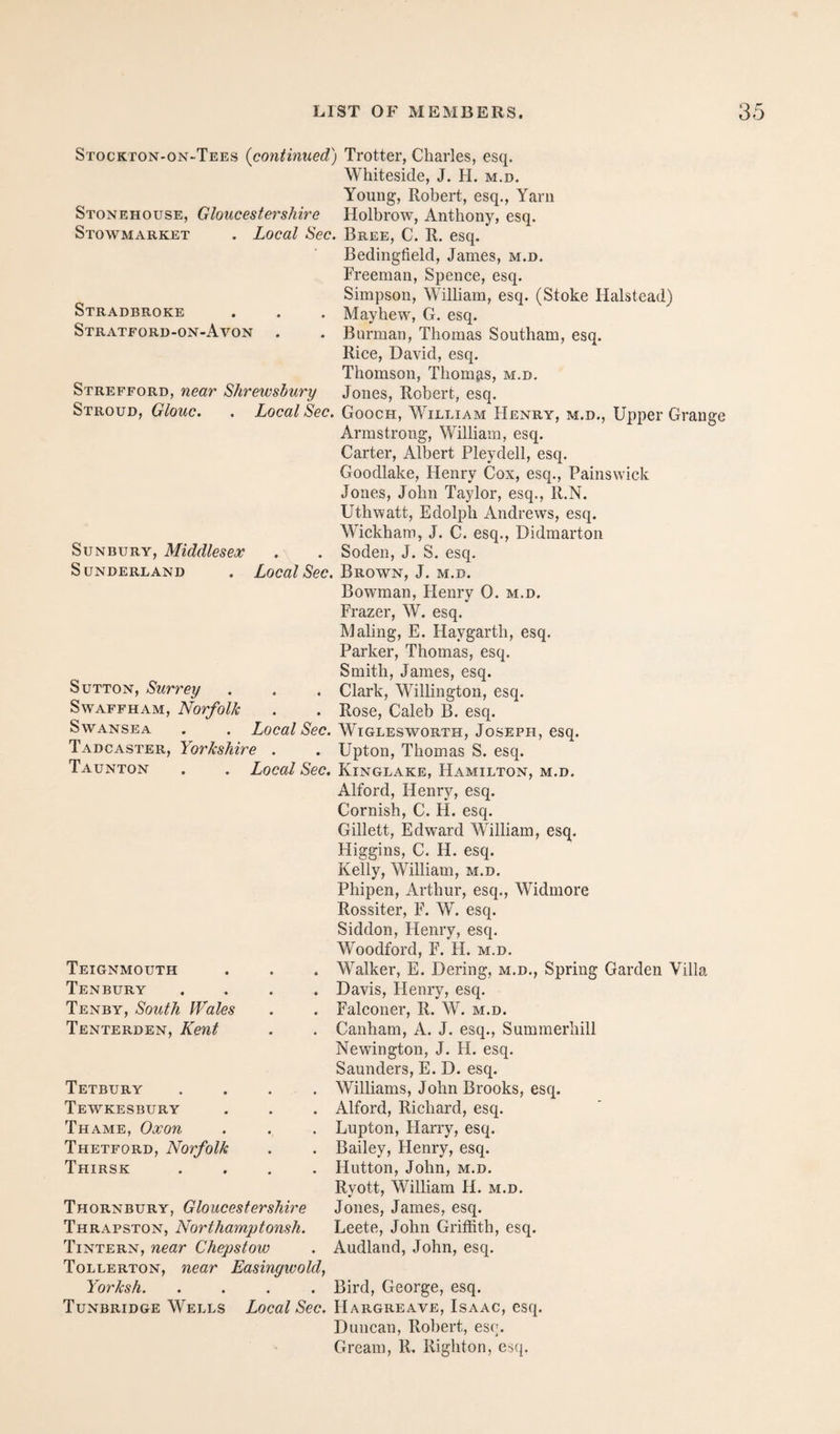 Stockton-on-Tees (continued) Trotter, Charles, esq. Whiteside, J. H. M.D. Young, Robert, esq.. Yam Stonehouse, Gloucestershire Holbrow, Anthony, esq. Stowmarket . Local Sec. Bree, C. R. esq. Bedingtield, James, m.d. Freeman, Spence, esq. Simpson, William, esq. (Stoke Halstead) Stradbroke . . . Mayhew, G. esq. Stratford-on-Avon . . Burman, Thomas Southam, esq. Rice, David, esq. Thomson, Thomjis, m.d, Strefford, near Shrewsbury Jones, Robert, esq. Stroud, Glouc. . Local Sec. Gooch, William Henry, m.d., Upper Grange Armstrong, William, esq. Carter, Albert Pleydell, esq. Goodlake, Henry Cox, esq., Painswick Jones, John Taylor, esq., R.N. Uthwatt, Edolph Andrews, esq. Wickham, J. C. esq., Didmarton SuNBURY, Middlesex . . Soden, J. S. esq. Sunderland . Local Sec. Brown, J, m.d. Bowman, Henry 0. m.d. Frazer, W. esq. Maling, E. Haygarth, esq. Parker, Thomas, esq. Smith, James, esq. Sutton, Surrey . . . Clark, Willington, esq. SwAFFHAM, Norfolk . . Rose, Caleb B. esq. Swansea . . Zoca/S'ee. Wiglesworth, Joseph, esq. Tadcaster, Yorkshire . . Upton, Thomas S. esq. Taunton . . Local Sec, Kinglake, Hamilton, m.d. Alford, Henry, esq. Cornish, C. H. esq. Gillett, Edward William, esq. Higgins, C. H. esq. Kelly, William, m.d. Phipen, Arthur, esq., Widmore Rossiter, F. W. esq. Siddon, Henry, esq. Woodford, F. H. m.d. . Walker, E. Dering, m.d., Spring Garden Villa . Davis, Henry, esq. . Falconer, R. W. m.d. . Canham, A. J. esq., Summerhill Newington, J. H. esq. Saunders, E. D. esq. . Williams, John Brooks, esq. . Alford, Richard, esq. . Lupton, Harry, esq. . Bailey, Henry, esq. . Hutton, John, m.d. Ryott, William H. m.d. e Jones, James, esq. i. Leete, John Griffith, esq. . Audland, John, esq. Tollerton, near Easingwold, Yorksh.Bird, George, esq. Tunbridge Wells Local Sec. Hargreave, Isaac, esq. Duncan, Robert, esc. Grcam, R. Righton, esq. Teignmouth Tenbury Tenby, South Wales Tenterden, Kent Tetbury Tewkesbury Thame, Oxon Thetford, Norfolk Thirsk Thornbury, Gloucester shir Thrapston, Northamptonsh Tintern, near Chepstow