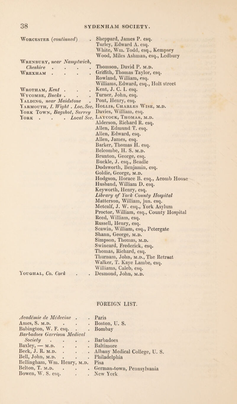 Worcester {continued) . Sheppard, James P. esq. Turley, Edward A. esq. White, Will. Todd, esq., Kempsey Wood, Miles Ashman, esq., Ledbury Wrenbury, near Namptwich, Cheshire .... Wrexham .... Wroth AM, Kent . Wycombe, Bucks . Yalding, near Maidstone Yarmouth, /. Wight . Loc.Sec. York Town, Bagshot, Surrey York . . . Local Sec. Thomson, David P. m.d. Griffith, Thomas Taylor, esq. Rowland, William, esq. Williams, Edward, esq., Holt street Kent, J. C. I. esq. Turner, John, esq. Pont, Henry, esq. Hollis, Charles Wise, m.d. Davies, William, esq. Laycock, Thomas, m.d. Alderson, Richard R. esq. Allen, Edmund T. esq. Allen, Edward, esq. Allen, James, esq. Barker, Thomas H. esq. Belcombe, H. S. m.d. Brunton, George, esq. Buckle, J. esq.. Beadle Dodsworth, Benjamin, esq. Goldie, George, m.d. Hodgson, Horace B. esq., Acomb House Husband, William D. esq. Keyworth, Henry, esq. Library of York County Hospital Matterson, William, jun. esq. Metcalf, J. W. esq., York Asylum Proctor, William, esq.. County Hospital Reed, William, esq. Russell, Henry, esq. Scawin, William, esq., Petergate Shann, George, m.d. Simpson, Thomas, m.d. Swineard, Frederick, esq. Thomas, Richard, esq. Thuruam, John, m.d.. The Retreat Walker, T. Kaye Lambe, esq. Williams, Caleb, esq. Youghal, Co. Cork . . Desmond, John, m.d. Acadtmie de Mtdecine . Ames, S. m.d. Babington, W. F. esq. Barbadoes Garrison Medical Society . . . , Baxley, — m.d. Beck, J. R. M.D. Bell, John, m.d. Bellingham, Wm. Henry, m.d. Belton, T. m.d. Bowen, W. S. esq. FOREIGN LIST. Paris Boston, U. S. Bombay Barbadoes Baltimore Albany Medical College, U. S. Philadelphia Pisa German-town, Pennsylvania New York