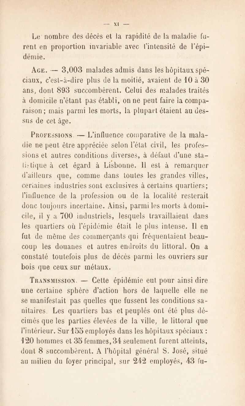 Le nombre des décès et la rapidité de la maladie fu¬ rent en proportion invariable avec l’intensité de l'épi¬ démie. Age. — 3,003 malades admis dans les hôpitaux spé¬ ciaux, c’est-à-dire plus de la moitié, avaient de 10 à 30 ans, dont 893 succombèrent. Celui des malades traités à domicile n’étant pas établi, on ne peut faire la compa¬ raison; mais parmi les morts, la plupart étaient au des¬ sus de cet âge. Professions. — L’influence comparative de la mala¬ die ne peut être appréciée selon l’état civil, les profes¬ sions et autres conditions diverses, à défaut d’une sta- , # 9 in tique à cet égard à Lisbonne. 11 est à remarquer d’ailleurs que, comme dans toutes les grandes villes, certaines industries sont exclusives à certains quartiers; l’influence de la profession ou de la localité resterait donc toujours incertaine. Ainsi, parmi les morts à domi¬ cile, il y a 700 industriels, lesquels travaillaient dans les quartiers où l’épidémie était le plus intense. Il en fut de môme des commerçants qui fréquentaient beau¬ coup les douanes et autres endroits du littoral. On a constaté toutefois plus de décès parmi les ouvriers sur bois que ceux sur métaux. Transmission. — Cette épidémie eut pour ainsi dire une certaine sphère d’action hors de laquelle elle ne se manifestait pas quelles que fussent les conditions sa¬ nitaires. Les quartiers bas et peuplés ont été plus dé¬ cimés que les parties élevées de la ville, le littoral que l’intérieur. Sur 155 employés dans les hôpitaux spéciaux : 120 hommes et 35 femmes, 34 seulement furent atteints, dont 8 succombèrent. A l’hôpital général S. José, situé au milieu du foyer principal, sur 242 employés, 43 fu-
