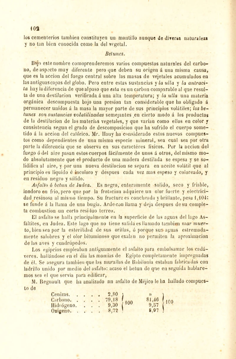 loa los cementerios también constituyen un mantillo aunque Je diversa naturaleza y no tan bien conocida como la del vegetal. Betunes. Gajo este nombre comoprenderemos varios compuestos naturales del carbo¬ no, de aspecto muy diferente pero que deben su origen á una misma causa, que es la acción del fuego central sobre las masas de vejetales acumulados en lasantiguascapas del globo. Pero entre estas sustancias y la ulla y la antraci¬ ta bay la diferencia de que al paso que esta es un carbon comparable al que resul¬ ta de una destilación verificada á una alta temperatura; y la ulla una materia orgánica descompuesta bajo una presión tan considerable que ha obligado á permanecer unidos á la masa la mayor parte de sus principios volátiles; los be¬ tunes so7i sustancias volatilizadas semejantes,en cierto modo á los productos de la destilación de las materias vegetales, y que varían como ellos en color y consistencia según el grado de descomposición que ha sufrido el cuerpo some¬ tido á la acción del calórico. Mr. Hauy ha considerado estos nuevos compues¬ tos como dependientes de una misma especie mineral, sea cual sea por otra parte la diferencia que se observa en sus caractères físicos. Por la acción del fuego ó del aire pasan estos cuerpos fácilmente de unos á otros, del mismo mo¬ do absolutamente que el producto de una madera destilada se espesa y se so¬ lidifica al aire, y por una nueva destilación se separa en aceite volátil que al principio es líquido é incoloro y después cada vez mas espeso y coloreado, y en residuo negro y sólido. Asfalto ó betún de Jadea. Es negro, enteramente solido, seco y friable, inodoro en frió, pero que por la frotación adquiere un olor fuerte y electrici¬ dad resinosa al mismo tiempo. Su fractura es concheada y brillante, pesa 1,104: se funde á la llama de una bugia. Arde con llama y deja después de su comple¬ ta combustion un corto residuo terreo. El asfaltóse halla principalmente en la superficie de las aguas del lago As- fáltiles, en Judea. Este lago que no tiene salida es llamado también mar muer¬ to, bien sea por la esterilidad desús orillas, o porque su& aguas estremada- menle salobres y el olor bituminoso que exalan no permiten la aproximación de las aves y cuadrúpedos. Los egipcios empleaban antiguamente el asfalto para embalsamar los cadá¬ veres. hallándose en el día las momias de Egipto completamente impregnadas de él. Se asegura también que las murallas de Babilonia estaban fabricadas con ladrillo unido por medio del asfalto: acaso el betún de qne en seguida hablare¬ mos sea el que servia para edificar, M. Régnault que ha analizado nn asfalto de Méjico le ha hallado compues¬ to de Cenizas.2,SO i » Carbono.79,18 f 81,46 Hidrógeno. . . . 9,30 ( 1ÜU 9,57 Oxígeno.8,72 ' 8.07