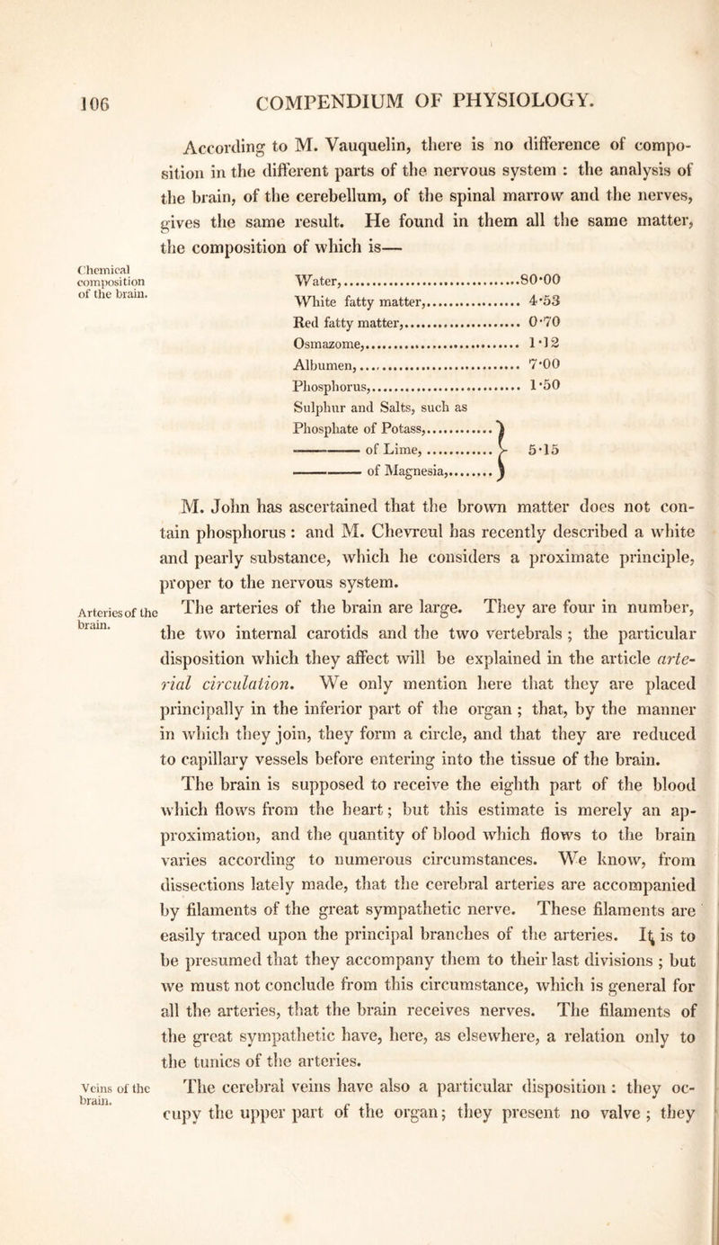 According to M. Vauquelin, there is no difference of compo¬ sition in the different parts of the nervous system : the analysis of the brain, of the cerebellum, of the spinal marrow and the nerves, i>ives the same result. He found in them all the same matter, the composition of which is— Chemical composition Water,. of the brain. White fatty matter,. . 4*53 Red fatty matter,. Osmazome,. Albumen,.. Pliosphorus,. Sulphur and Salts, such as Phosphate of Potass,. ) --of Lime,. y 5-15 Arteries of the brain. Veins of the brain. —-of Magnesia,. M. John has ascertained that the brown matter does not con¬ tain phosphorus: and M. Chevreul has recently described a white and pearly substance, which he considers a proximate principle, proper to the nervous system. The arteries of the brain are large. They are four in number, the two internal carotids and the two vertebrals ; the particular disposition which they affect will be explained in the article arte¬ rial circulation. We only mention here that they are placed principally in the inferior part of the organ ; that, by the manner in which they join, they form a circle, and that they are reduced to capillary vessels before entering into the tissue of the brain. The brain is supposed to receive the eighth part of the blood which flows from the heart; but this estimate is merely an ap¬ proximation, and the quantity of blood which flows to the brain varies according to numerous circumstances. We know, from dissections lately made, that the cerebral arteries are accompanied by filaments of the great sympathetic nerve. These filaments are easily traced upon the principal branches of the arteries. It; is to be presumed that they accompany them to their last divisions ; but we must not conclude from this circumstance, which is general for all the arteries, that the brain receives nerves. The filaments of the great sympathetic have, here, as elsewhere, a relation only to the tunics of the arteries. The cerebral veins have also a particular disposition : they oc¬ cupy the upper part of the organ; they present no valve; they