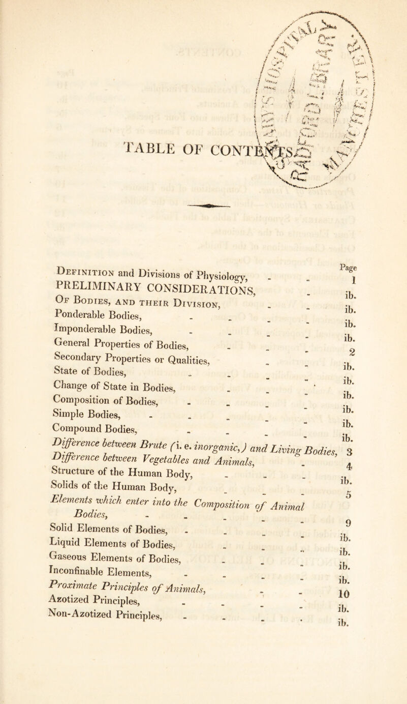 TABLE OF CONTB>?^S Definition and Divisions of Physioloo-y, PRELIMINARY CONSIDERATIONS, Of Bodies, and their Division, Ponderable Bodies, Imponderable Bodies, General Properties of Bodies, Secondary Properties or Qualities, State of Bodies, Change of State in Bodies, Composition of Bodies, Simple Bodies, Compound Bodies, mfference betmen Brute (i. e. inorganic,) and Living Bod. Difference between Vegetables and Animals, Structure of the Human Body, _ „ _ Solids of the Human Body, Elements which enter into the Composition of Animal Bodies^ - _ _ ' Solid Elements of Bodies, Liquid Elements of Bodies, Gaseous Elements of Bodies, Inconfinable Elements, Proximate Principles of Animals, Azotized Principles, Non-Azotized Principles, Page 1 ib. ib. ib. ib. 2 ib. ib. ib. ib. ib. ib. 3 4 ib. h' o 9 ib. ib. ib. ib. 10 ib. ib.