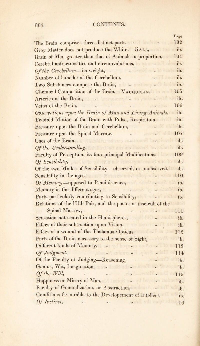 Page The Brain comprises three distinct parts, - - 102 Grey Matter does not produce the White. Gall, - ib. Brain of Man greater than that of Animals in proportion, 104 Cerebral anfractuosities and circumvolutions, - ib. Of the Cerehellum—its weight, - - ib. Number of lamellae of the Cerebellum, - ib. Two Substances compose the Brain, - - ib. Chemical Composition of the Brain, Vauquelin, 105 Arteries of the Brain, - - - ib. Veins of the Brain, - - - 106 Observations wpon the Brain of Man and Living Animals^ ib. Twofold Motion of the Brain with Pulse, Respiration, ib. Pressure upon the Brain and Cerebellum, - ib. Pressure upon the Spinal Marrow, - - 107 Uses of the Brain, - - - ib. Of the Understandings - - - ib. Faculty of Perception, its four principal Modifications, 109 Of Sensibilitys ~ - - - ib. Of the two Modes of Sensibility-—observed, or unobserved, ib. Sensibility in the ages, - - - 110 Of Memory—opposed to Reminiscence, - ib. Memory in the different ages, - - ib. Parts particularly contributing to Sensibility, - ib. Relations of the Fifth Pair, and the posterior fasciculi of the Spinal Marrow, - - - 111 Sensation not seated in the Hemispheres, - ib. Effect of their subtraction upon Vision, - ib. Effect of a wound of the Thalamus Opticus, - 112 Parts of the Brain necessary to the sense of Sight, ib. Different kinds of Memory, - - - 113 Of Judgment, - - - 114 Of the Faculty of Judging—Reasoning, - ib. Genius, Wit, Imagination, - - - ib. Of the Will, - - - - 115 Happiness or Misery of Man, - - ib. Faculty of Generalization, or Abstraction, - ib. Conditions favourable to the Developement of Intellect, ib. Of Instinct, - - - - i]0