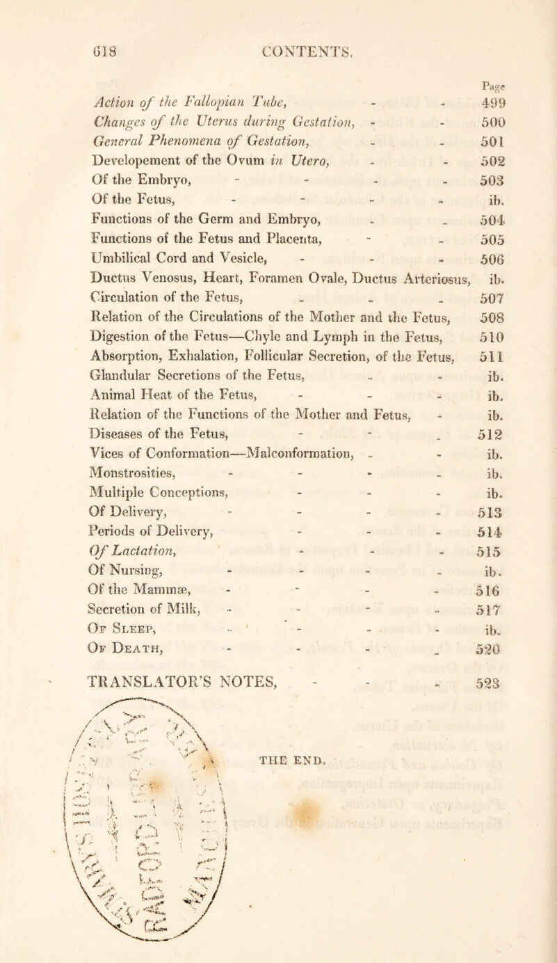 Action of the Fallopian 2'iibe, Changes of the Uterus during Gestation^ - General Phenomena of Gestation, Developement of the Ovum in Uiero, Of the Embryo, - - - - Of the Fetus, - - - „ Functions of the Germ and Embryo, Functions of the Fetus and Placenta, Umbilical Cord and Vesicle, . - _ Ductus Venosus, Heart, Foramen Ovale, Ductus Arteriosus, Circulation of the Fetus, _ „ _ Relation of the Circulations of the Mother and the Fetus, Digestion of the Fetus—Chyle and Lymph in the Fetus, Absorption, Exhalation, Follicular Secretion, of the Fetus, Glandular Secretions of the Fetus, Animal Heat of the Fetus, - _ _ Relation of the Functions of the Mother and Fetus, Diseases of the Fetus, - - _ Vices of Conformation—-Malconformation, - Monstrosities, - - - _ Multiple Conceptions, - - . Of Delivery, - - . - Periods of Delivery, - _ . (f Lactation, _ . _ Of Nursing, - - > _ Of the Mammee, - - - - Secretion of Milk, - - - „ Of Sleep, - ' Of Death, PaoT 499 500 501 502 503 ib. 504 505 506 ib. 507 508 510 511 ib. ib. ib. 512 ib. ib. ib, 513 514 515 ib, 516 517 ib. 520 TRANSLATOR’S NOTES, THE END, 523