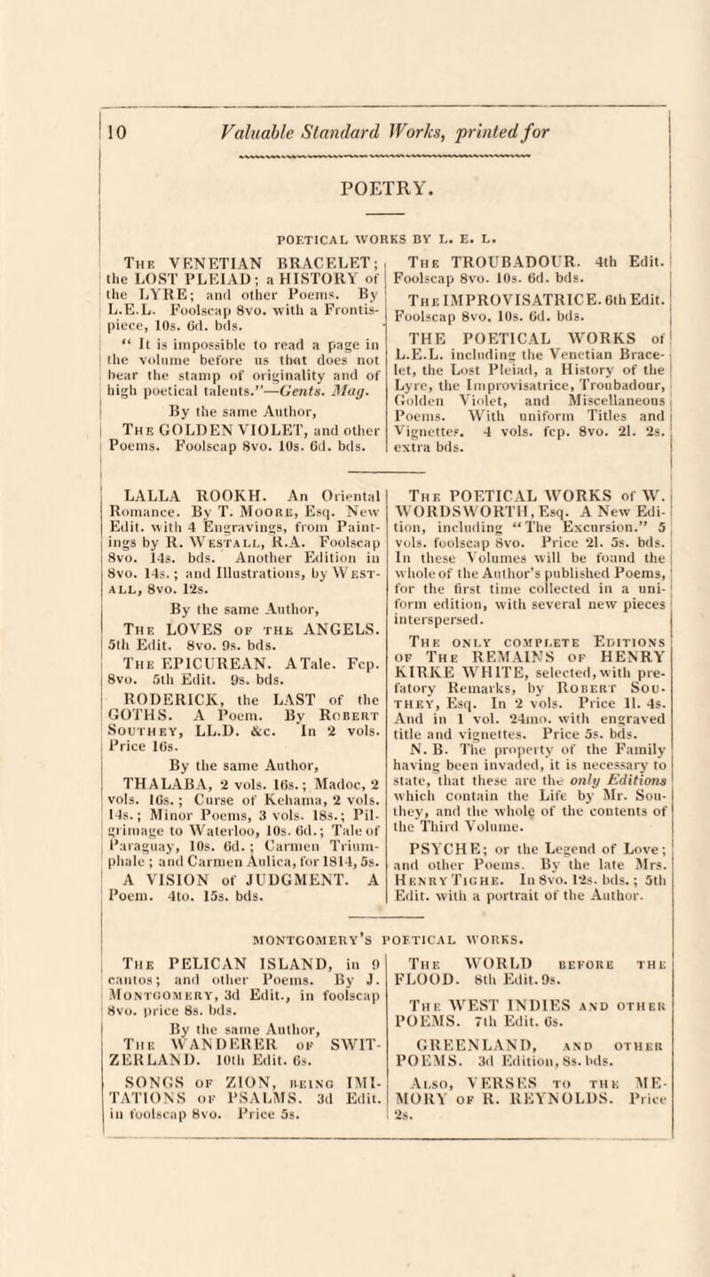 POETRY. POETICAL WORKS BY L. E. L. The VENETIAN BRACELET; tlie LOST PLEIAD; a HISTORY of the LYRE; and other Poems. By L.E.L. Foolscap 8vo. with a Frontis¬ piece, 10s. Gd. bds. “ It is impossible to read a page in the volume before us that does not bear the stamp of originality and of high poetical talents.”—Gents. Mag. By the same Author, The GOLDEN VIOLET, and other Poems. Foolscap 8vo. 10s. Gd. bds. The TROUBADOUR. 4th Edit. Foolscap 8vo. 10s. Gd. bds. The IMPROVISATRICE. 6th Edit. J Foolscap 8vo. 10s. Gd. bds. THE POETICAL WORKS of! L.E.L. including the Venetian Brace¬ let, the Lost Pleiad, a History of the Lyre, the Improvisatrice, Troubadour, Golden Violet, and Miscellaneous j Poems. With uniform Titles and j Vignettes. 4 vols. fcp. 8vo. 21. 2s. ! extra bds. LALLA ROOIvH. An Oriental Romance. By T. Moore, Esq. New Edit, with 4 Engravings, from Paint¬ ings by R. Westall, R.A. Foolscap 8vo. 14s. bds. Another Edition in 8vo. 14s.; and Illustrations, by West- all, 8vo. 12s. By the same Author, The LOVES of the ANGELS. 5th Edit. 8vo. 9s. bds. The EPICUREAN. ATale. Fcp. 8vo. 5th Edit. 9s. bds. RODERICK, the LAST of the GOTHS. A Poem. By Robert Southey, LL.D. &c. In 2 vols. Price lGs. By the same Author, THALABA, 2 vols. 16s.; Madoc, 2 vols. lGs.; Curse of Kehama, 2 vols. Ms.; Minor Poems, 3 vols. 18s.; Pil¬ grimage to Waterloo, 10s. Gel.; Tale of Paraguay, 10s. Gd. ; Carmen Trium- phale ; and Carmen Aulica, for 1814,5s. A VISION of JUDGMENT. A Poem. 4to. 15s. bds. The POETICAL WORKS of W. WORDSWORTH, Esq. A New Edi¬ tion, including “The Excursion.” 5 vols. foolscap 8vo. Price 21. 5s. bds. In these Volumes will be found the whole of the Author’s published Poems, for the first time collected in a uni¬ form edition, with several new pieces interspersed. The only complete Editions of The REMAINS of HENRY KIRKE WHITE, selected,with pre¬ fatory Remarks, by Robert Sou¬ they, Esq. In 2 vols. Price 11. 4s. And in 1 vol. 24mo. with engraved title and vignettes. Price 5s. bds. N. B. The property of the Family having been invaded, it is necessary to state, that these are the only Editions which contain the Life by Mr. Sou¬ they, and the whole of the contents of the Third Volume. PSYCHE; or the Legend of Love; and other Poems. By the late Mrs. Henry Tig he. In 8vo. 12s. bds.; 5th Edit, with a portrait of the Author. MONTGOMERY S POETICAL WORKS. The PELICAN ISLAND, in 9 cantos; and other Poems. By J. Montgomery, 3d Edit., in foolscap 8vo. price 8s. bds. By the same Author, The WANDERER op SWIT¬ ZERLAND. 10th Edit. 6s. SONGS of ZION, being IMI¬ TATIONS of PSALMS. 3d Edit, in foolscap 8vo. Price 5s. The WORLD before the FLOOD. 8th Edit.9s. The WEST INDIES and other POEMS. 7th Edit. 6s. GREENLAND, and other POEMS. 3d Edition, 8s. bds. Also, VERSES to the ME¬ MORY of R. REYNOLDS. Price 2s.