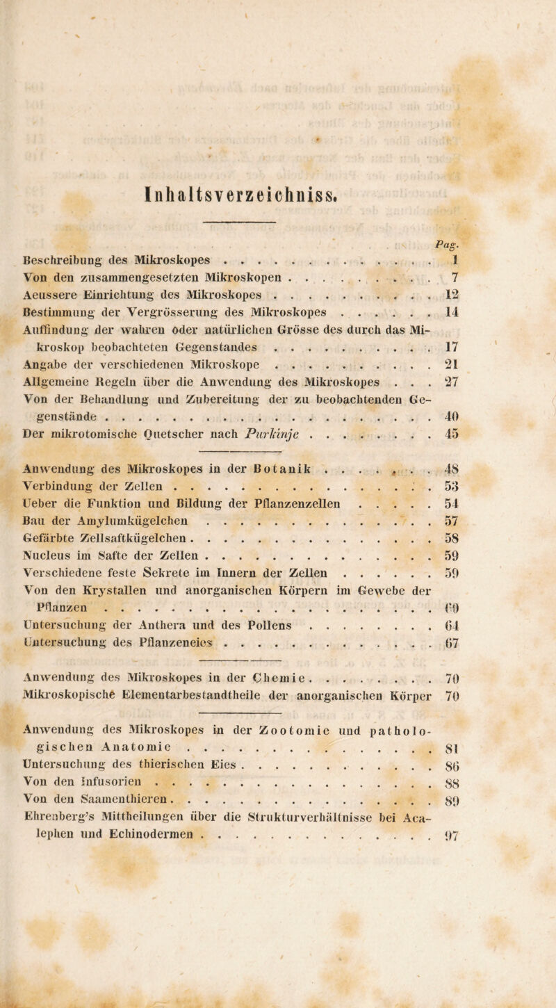 } Inhaltsverzeichniss. Pag. Beschreibung des MikrosJkopes.1 Von den zusammengesetzten Mikroskopen. 7 Aeussere Einrichtung des Mikroskopes.12 Bestimmung der Vergrösserimg des Mikroskopes.14 Auffindung der wahren oder natürlichen Grösse des durch das Mi¬ kroskop beobachteten Gegenstandes.17 Angabe der verschiedenen Mikroskope.21 Allgemeine Regeln über die Anwendung des Mikroskopes ... 27 Von der Behandlung und Zubereitung der zu beobachtenden Ge¬ genstände .40 Der mikrotomische Ouetscher nach Piirldnje.45 Anwendung des Mikroskopes in der Botanik ....... 48 Verbindung der Zellen..' . 53 lieber die Funktion und Bildung der Pflanzenzellen.54 Bau der Amylumkügelchen.57 Gefärbte Zellsaftkügelchen.58 Nucleus im 8afte der Zellen.59 Verschiedene feste Sekrete im Innern der Zellen ...... 59 Von den Krjstallen und anorganischen Körpern im Gewebe der Pflanzen.(’O Untersuchung der Anthera und des Pollens.04 Untersuchung des Pflanzeneies.07 Anwendung des Mikroskopes in der Chemie.70 Mikroskopische Elementarbestandtheile der anorganischen Körper 70 Anwendung des Mikroskopes in der Zootomie und patholo¬ gischen Anatomie.*^1 Untersuchung des thierischen Eies. 80 Von den hifusorien.88 Von den vSaamenthieren.89 Ehrenberg^s Mittheilungen über die Strukturverbältnisse bei Aca- lephen und Echinodermen.<>7