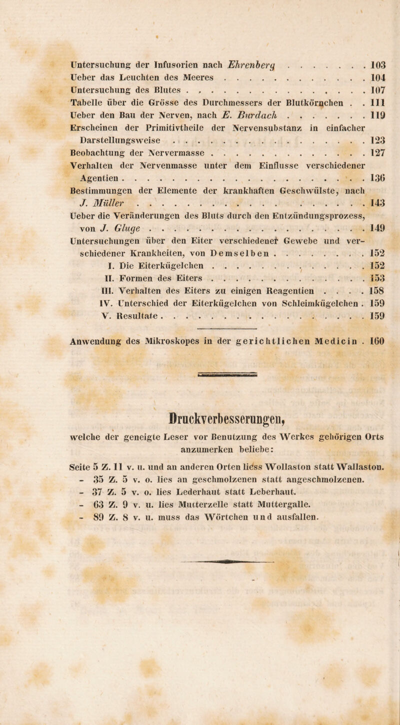 Untersuchung der Infusorien nach Ehrenherg. üeher das Leuchten des Meeres. Untersuchung des Blutes . .. Tabelle über die Grösse des Durchmessers der Blutkörnchen . . Ueber den Bau der Nerven, nach E. Burdach. Erscheinen der Primitivtheile der Nervensubstanz in einfacher Darstellungsweise. Beobachtung der Nervermasse. Verhalten der Nervenmasse unter dem Einflüsse verschiedener Agentien .. Bestimmungen der Elemente der krankhaften Geschwülste, nach J. Müller. .. Ueber die Veränderungen des Bluts durch den Entzündungsprozess, von J. Ginge. Untersuchungen über den Eiter verschiedenei' Gewebe und ver¬ schiedener Krankheiten, von Demselben. I. Die Eiterkügeldien.. n. Formen des Eiters.. in. Verhalten des Eiters zu einigen Reagentien . . . . IV. Unterschied der Eiterkügelchen von Schleimkügelchen . V. Resultate. 103 104 107 111 119 123 127 130 143 149 152 152 153 158 159 159 Anwendung des Mikroskopes in der gerichtlichen Medicin . 100 Druckverbesserungeii, » welche der geneigte Leser vor Benutzung des Werkes gehörigen Orts anzumerken beliebe: Seite 5 Z. 11 v. u. und an anderen Orten liess Wollaston statt Wallaston. - 35 Z. 5 V. o. lies an geschmolzenen statt angeschmolzenen. - 37 Z. 5 V. o. lies Lederhaut statt Leberhaut. - 03 Z. 9 V. u. lies Mutterzelle statt Muttergalle.