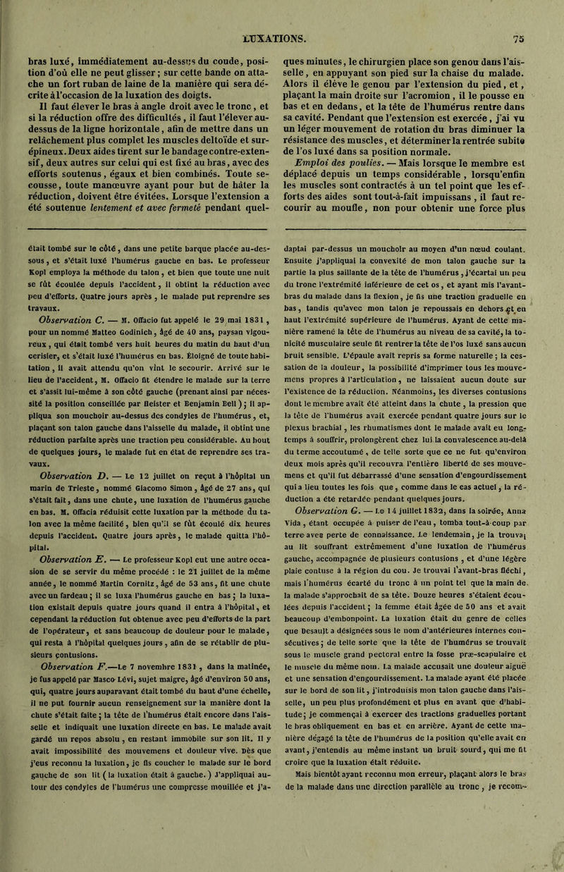 bras luxé, immédiatement au-dessus du coude, posi- tion d’où elle ne peut glisser ; sur cette bande on atta- che un fort ruban de laine de la manière qui sera dé- crite à l’occasion de la luxation des doigts. Il faut élever le bras à angle droit avec le tronc, et si la réduction offre des difficultés , il faut l’élever au- dessus de la ligne horizontale, afin de mettre dans un relâchement plus complet les muscles deltoïde et sur- épineux. Deux aides tirent sur le bandage contre-exten- sif, deux autres sur celui qui est fixé au bras, avec des efforts soutenus, égaux et bien combinés. Toute se- cousse, toute manœuvre ayant pour but de hâter la réduction, doivent être évitées. Lorsque l’extension a été soutenue lentement et avec fermeté pendant quel- était tombé sur le côté, dans une petite barque placée au-des- sous , et s’était luxé l’humérus gauche en bas. te professeur Kopl employa la méthode du talon , et bien que toute une nuit se fût écoulée depuis l’accident, il obtint la réduction avec peu d’efforts. Quatre jours après , le malade put reprendre ses travaux. Observation C. — M. Offacio fut appelé le 29 mai 1831 , pour un nommé Matteo Godinich, âgé de 40 ans, paysan vigou- reux , qui était tombé vers huit heures du matin du haut d’un cerisier, et s’était luxé l’humérus en bas. Éloigné de toute habi- tation , il avait attendu qu’on vint le secourir. Arrivé sur le lieu de l’accident, M. offacio lit étendre le malade sur la terre et s’assit lui-même à son côté gauche (prenant ainsi par néces- sité la position conseillée par Oeister et Benjamin Bell ) ; il ap- pliqua son mouchoir au-dessus des condyles de l’humérus, et, plaçant son talon gauche dans l’aisselle du malade, il obtint une réduction parfaite après une traction peu considérable. Au bout de quelques jours, le malade fut en état de reprendre ses tra- vaux. Observation D. — le 12 juillet on reçut à l’hôpital un marin de Trieste, nommé Giacomo Simon, Âgé de 27 ans, qui s’était fait, dans une chute, une luxation de l’humérus gauche en bas. M. Offacia réduisit cette luxation par la méthode du ta- lon avec la même facilité, bien qu’il se fût écoulé dix heures depuis l’accident. Quatre jours après, le malade quitta l’hô- pital. Observation E. — te professeur Kopl eut une autre occa- sion de se servir du même procédé : le 21 juillet de la même année, le nommé Martin Cornitz, âgé de 53 ans, fit une chute avec un fardeau ; il se luxa l’humérus gauche en bas ; la luxa- tion existait depuis quatre jours quand il entra à l’hôpital, et cependant la réduction fut obtenue avec peu d’efforts de la part de l’opérateur, et sans beaucoup de douleur pour le malade, qui resta à l’hôpital quelques jours, afin de se rétablir de plu- sieurs contusions. Observation F.—Le 7 novembre 1831, dans la matinée, je fus appelé par Masco- Lévi, sujet maigre, âgé d’environ 50 ans, qui, quatre jours auparavant était tombé du haut d’une échelle, il ne put fournir aueun renseignement sur la manière dont la chute s’était faite ; la tête de l’humérus était encore dans l'ais- selle et indiquait une luxation directe en bas. Le malade avait gardé un repos absolu , en restant immobile sur son lit. Il y avait impossibilité des mouvemens et douleur vive. Dès que j’eus reconnu la luxation, je fis coucher le malade sur le bord gauche de son lit ( la luxation était à gauche. ) J’appliquai au- tour des condyles de l’humérus une compresse mouillée et j’a- ques minutes, le chirurgien place son genou dans l’ais- selle , en appuyant son pied sur la chaise du malade. Alors il élève le genou par l’extension du pied, et, plaçant la main droite sur l’acromion, il le pousse en bas et en dedans, et la tête de l’humérus rentre dans sa cavité. Pendant que l’extension est exercée, j’ai vu un léger mouvement de rotation du bras diminuer la résistance des muscles, et déterminer la rentrée subite de l’os luxé dans sa position normale. Emploi des poulies. — Mais lorsque le membre est déplacé depuis un temps considérable , lorsqu’enfin les muscles sont contractés à un tel point que les ef- forts des aides sont tout-à-fait impuissans , il faut re- courir au moufle, non pour obtenir une force plus daptai par-dessus un moucbolr au moyen d’un nœud coulant. Ensuite j’appliquai la convexité de mon talon gauche sur la partie la plus saillante de la tète de l’humérus , j’écartai un peu du tronc l’extrémité inférieure de cet os, et ayant mis l’avant- bras du malade dans la flexion, je fis une traction graduelle eu bas, tandis qu’avec mon talon je repoussais en dehors £t en haut l’extrémité supérieure de l’humérus. Ayant de cette ma- nière ramené la tête de l’humérus au niveau de sa cavité, la to- nicité musculaire seule fit rentrer la tête de l’os luxé sans aucun bruit sensible. L’épaule avait repris sa forme naturelle ; la ces- sation de la douleur, la possibilité d’imprimer tous les mouve- mens propres à l’articulation , ne laissaient aucun doute sur l’existence de la réduction. Néanmoins, les diverses contusions dont le membre avait été atteint dans la chute , la pression que la tète de l'humérus avait exercée pendant quatre jours sur le plexus brachial, les rhumatismes dont le malade avait eu long? temps à souffrir, prolongèrent chez lui la convalescence au-delà du terme accoutumé , de telle sorte que ce ne fut qu’environ deux mois après qu’il recouvra l’entière liberté de ses mouve- mens et qu’il fut débarrassé d’une sensation d’engourdissement quia lieu toutes les fois que, comme dans le cas actuel, la ré- duction a été retardée pendant quelques jours. Observation G. — Le 1 4 juillet 1832, dans la soirée, Anna Vida , étant occupée à puiser de l’eau , tomba tout-à coup par terreavea perte de connaissance. Le lendemain, je la trouvaj au lit souffrant extrêmement d’une luxation de l’humérus gauche, accompagnée de plusieurs contusions , et d’une légère plaie contuse à la région du cou. Je trouvai l’avant-bras fléchi, mais l’humérus écarté du tronc à un point tel que la main de. la malade s’approchait de sa tête. Douze heures s’étaient écou- lées depuis l’accident ; la femme était âgée de 50 ans et avait beaucoup d’embonpoint. La luxation était du genre de celles que Desault a désignées sous le nom d’antérieures internes con- sécutives; de telle sorte que la tête de l'humérus se trouvait sous le muscle grand pectoral entre la fosse præ-scapulaire et le muscle du même nom. La malade accusait une douleur aiguë et une sensation d’engourdissement. La malade ayant été placée sur le bord de son lit, j'introduisis mon talon gauche dans l’ais- selle, un peu plus profondément et plus en avant que d’habi- tude; je commençai à exercer des tractions graduelles portant le bras obliquement en bas et en arrière. Ayant de cette ma- nière dégagé la tète de l’humérus de la position qu’elle avait en avant, j’entendis au même instant un bruit sourd, qui me fit croire que la luxation était réduite. Mais bientôt ayant reconnu mon erreur, plaçant alors le bras de la malade dans une direction parallèle au tronc , je recent-