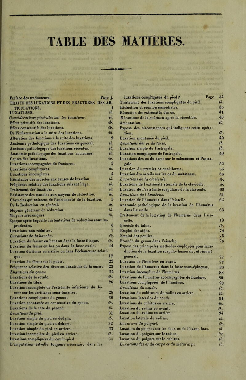 TABLE DES MATIERES Ff.éfaoe des traducteurs. Page j- luxations compliquées du pied ? Page 34 TRAITÉ DES LUXATIONS ET DES FRACTURES DES AR- Traitement des luxations compliquées du pied. ib. TICULATIONS. 1 Réduction et réunion immédiates. 35 LUXATIONS. ih. Résection des extrémités des os. 41 Considérations générales sur les luxations. ib. Mécanisme de la guérison après la résection. 46 Effets primitifs des luxations. ib. Amputation. ib. Effets consécutifs des luxations. ib. Exposé des circonstances qui indiquent cette opéra- De l’inflammation à la suite des luxations. ib. tion. ib. Altération des fonctions à la suite des luxations. 2 Luxation spontanée du pied. 49 Anatomie pathologique des luxations en général. ib. Luxations des os du tarse. ib. Anatomie pathologique des luxations récentes. ib. Luxation simple de l’astragale. ib. Anatomie pathologique des luxations anciennes. ib. Luxation compliquée de l’astragale. 50 Causes des luxations. ib. Luxations des os du tarse sur le calcanéum et l’astra- Luxations accompagnées de fractures. 3 ga!e. 52 Luxations compliquées. ib. Luxation du premier os cunéiforme. 55 Luxations incomplètes. 4 Luxation des orteils sur les os du métatarse. 56 Résistance des muscles aux causes de luxation. ib. Luxations de la clavicule. ib. Fréquence relative des luxations suivant l’âge. ib. Luxations de l’extrémité sternale de la clavicule. ib. Traitement des luxations. ib. Luxation de l’extrémité scapulaire de la clavicule. 60 Résistance des muscles aux moyens de réduction. ib. Luxations de l’humérus. 61 Obstacles qui naissent de l’ancienneté de la luxation. 5 Luxation de l’humérus dans l’aisselle. 62 De la Réduction en général. ib. Anatomie pathologique de la luxation de l’humérus Moyens généraux de réduction. ib. dans l’aisselle. 63 Moyens mécaniques. ib. Traitement de la luxation de l’humérus dans l’ais- Époque après laquelle les tentatives de réduction sont im selle. 73 prudentes. 6 Procédé du talon. ib. Luxations non réduites. 7 Emploi des aides. 74 Luxations de la hanche. ib. Emploi des poulies. 75 Luxation du fémur en haut ou dans la fosse iliaque. ib. Procédé du genou dans l’aisselle. 76 Luxation du fémur en bas ou dans la fosse ovale. 14 Exposé des principales méthodes employées pour la ré- Luxation du fémur en arrière ou dans l’échancrure sciati duction de la luxation scapulo-humérale, et résumé que. 17 général. 77 Luxation du fémur sur le pubis. 22 Luxation de l’humérus en avant. 77 Fréquence relative des diverses luxations do la cuisse. 23 Luxation de l’humérus dans la fosse sous-épineuse. 86 Luxations du genou 24 Luxation incomplète de l’humérus. 88 Luxations de la rotule. ib. Luxations de l’humérus accompagnées de fracture. 89 Luxations du tibia. 26 Luxations compliquées de l’humérus. 90 Luxation incomplète de l’extrémité inférieure du fê- Luxations du coude. ib. mur sur les cartilages semi-lunaires. 28 Luxation du cubitus et du radius en arrière. ib. Luxations compliquées du genou. 30 Luxations latérales du coude. 91 Luxation spontanée ou consécutive du genou. ib. Luxations du cubitus en arrière. ib. Luxations de la tête du péroné. ib. Luxation du radius en avant. ib. Luxations du pied. 31 Luxation du radius en arrière. 94 Luxation simple du pied en dedans. ib. Luxation latérale du radius, ib. Luxation simple du pied en dehors. 32 Luxations du poignet. ib. Luxation simple du pied en arrière. 33 Luxation du poignet sur les deux os de l’avant-bras. ib. Luxation incomplète du pied en arrière. ib. Luxation du poignet sur le radius. 97 Luxations compliquées du coude-pied. 34 Luxation du poignet sur le cubitus. ib.