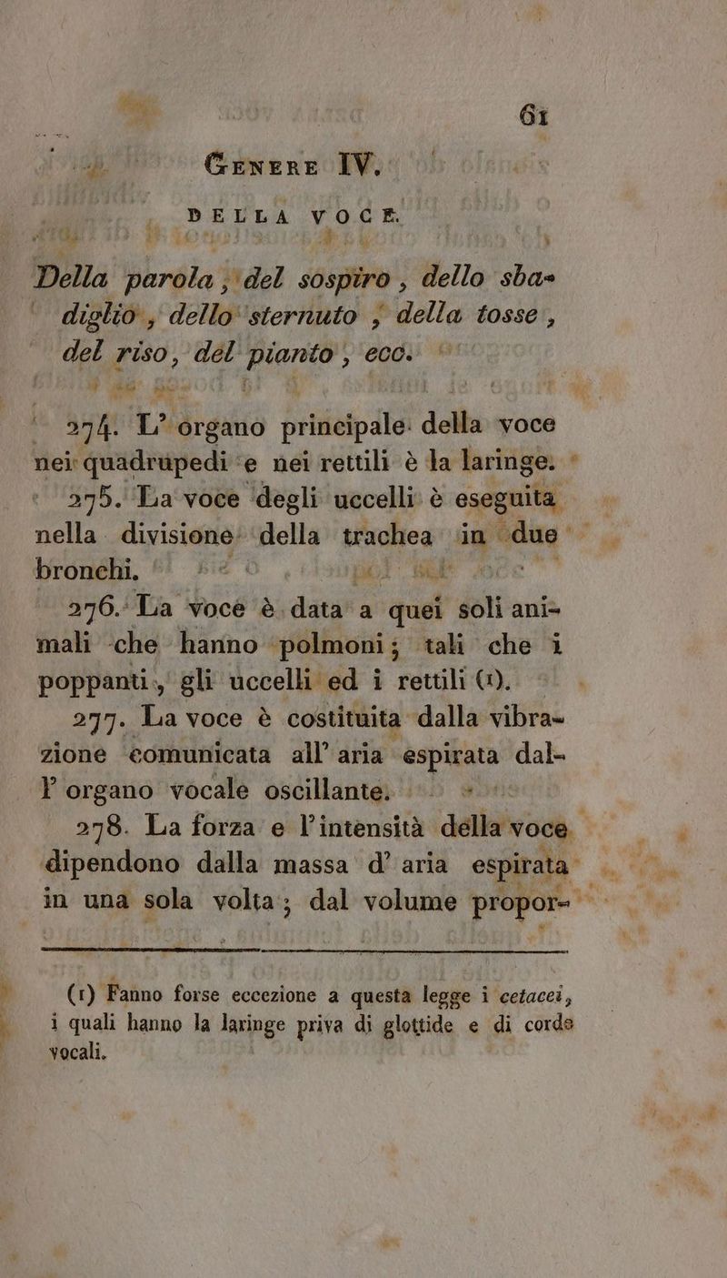 a ne aggio German Wi ina Do e } DELLA voce Della birgia ina sospiro ; dello sba= ° diglio, dello'‘sternuto , della tosse, del riso, del piano, ecc. | è ta wr ba | | 274. L° organo principale della voce nei: quadrupedi ‘e nei rettili è la laringe. < 375. La voce ‘degli uccelli: è eseguita — nella divisione. itella Nuohiea ip rg bronchi, © » © dot Wa vo 376. La voce è. data a quei soli ani> mali ‘che hanno ‘polmoni; tali che 1 poppanti., gli uccelli. ed i rettili (*). 277. La voce è costituita dalla vibra» zione eomunicata all’ aria espirata dal- Y organo vocale oscillante. + 278. La forza e l'intensità FETI dipendono dalla massa d’ aria espirata in una sola volta; dal volume te (1) Fanno forse eccezione a questa legge i cetacei, 1 quali hanno la laringe priva di glottide e di corde vocali.