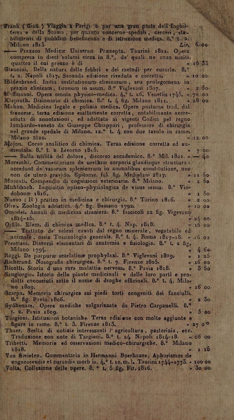 din (Gin) Viaggio ® Parigi ® “peer “una. psi Loi dell Tnghil ag “ terra ve della Scoma , per quanto ‘concerne-spedali, carceri sta. - (> ‘ bilimenti. di pubblica. beileficenta. e-dì Istruzione medica. gr rar. ; ‘Milano 1813. Lirò 6100, — Praxeos Medice Universe. Preecepta, Tàurini: 1821. Opera. ‘compresa in dieci volumi circa in 8.° de bi ne sono. vasnati quattro il cui prezzo è dì — d03 Giannini, Della natura delle febbri: e dei metodi. per FIA (800 . ta 2. Napoli 1817: Seconda edizione riveduta e correlta, | LO (00. — Hildenbrand. Initia institutionum» clinicarum., seu: prolegomena. in... |. ‘‘praxin clinicam, tironum in usum, 8.° Viglevani 1807. »j do. I bro fvanni. Opera omnia physico-medica. 4,° t. 16, Venetiis.1749, #.170.100. ! Klaproth. Dizionario di chimica. 8° t, 4 fig, Milano 1811. a28/00 ‘Mahon. Medicina legale e polizia medica, Opere postume trad. dal. | francese, terza edizione esattamente. corretta, notahilmente accre=. ‘sciuta di annotazioni, ed adattata ai vigenti Codici pel regno. lombardo-veneto da Giuseppe Ghiappari ; “professore di chirurgia. ‘ nel grande spedale di Milano. 12.° t. 4: con due tavole.in ramei. ‘Milano 1820; . »012; 00. jon Corso analitico di chimica. Terza edizione corretta ed au: © *mentata: 8.° t. 2. Livorno 1818. » 9700. LL Sulla utilità del dolore, discorso accademico, 8:° Mil, 1821. »:— o. ‘' Moreschi. Commentarium de urethro corporis glandisque structura i.‘ accedunt de vasorum splenicorum in animalibus constitulione, nec: non de utero gravido. Epitome. fol. fig. Mediolani 1817. »-11 (50. | Moscati. Compendio di cognizioni veterinarie. 8.° Milano. » 1 80. Muahlibacb. Inquisitio oplico-physiologica de visus sensu. 8:° Vins ©. .. dobone 1816.. ». 150 «Nuovo (MH) pratico in medicina e chirurgia. 8.° Torino 1916, .- »* 2.00. | Olivio Zoologia adriatica. 4° fig. Bassano 1792 © »-10 09 \\Omodei. Annali di medicina straniera. 8,° fascicoli 12. fig. Vigevano 1824-18: » 2/00: | Osfila. Elem. di chimics medica, 8.° t. 4. Nap. 1818; »16 00: E Trattato. de’ veleni cavati dal pg minerale, vegetabile ed. ‘animale , ossia. Tossicologia generale. 8.° t. 4. Roma 1817-18: » 16 60 ‘Presciani. Discorsi elementari di anatomia e fisiologia. 8,° t. 2 fis... . Milano 1794 ». &amp; Go: Raggi. De purpure sedalaline prophylazi. 8:° Viglevani 1809 », 1025: “Richerand. Nosografia. chirurgica. 8.° t. 7. Firenze 1805. » 116.00 Ricotti. Storia d’una rara malattia. nervosa. 8,° Pavia 1818; » 350. MPangiorgio» Istoria delle piante medicinali. e delle loro parti e pro» dotti conosciuti. sotto il nome di droghe officinali. 8.° t. 4. Mila» E ‘no 1809. » 116 00». (Scarpa. Memoria chirurgica sui piedi torti. congeniti. dei fanciulli. |’ 8.° fig, Pavia 1806. LOME, do. Sydhenam,. Opere mediche volgarizzate da Pietro Carpanelli.. SIETE ed .Y. 2. Pavia 1809. n 5:60. fe Istituzioni botaniche. Terza i duiele con molte aggiunte e figure in rame. 8,° t. 3. Firenze 1813. ip 1009: ' “Phaeh, Scelta di notizie interessanti }’ agricoliura , pastorizia , ecc» . ' Traduzione con note di Targioni. 8.° t. 24. Napoli 1814-18. »m'66 do. Tribertti, Memorie ed osservazioni medico-chirurgiche. 8.° Milano ; È 1819. mi 2:16 . Van $wieten, Gesiuabiia in Hermanni Boerhaave; Aphorismos de | cognoscendis et curandis morb is. 4,° t.10.m.lo Taurini e: » 100 60