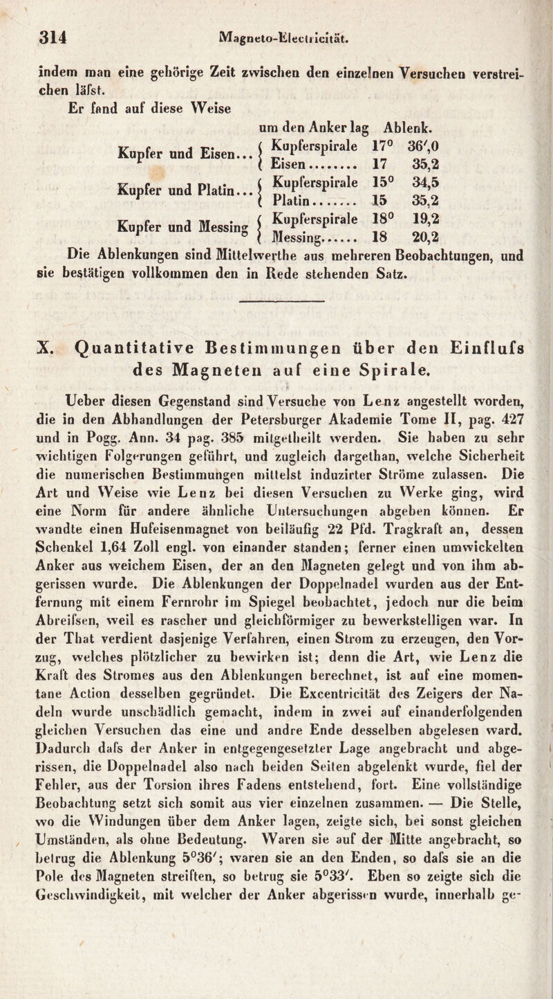 indem man eine gehörige Zeit zwischen den einzelnen Versuchen verstrei- chen läfst. Er fand auf diese Weise um den Anker lag Ablenk. Kupfer und Eisen... j Kupferspirale 17° 36',0 Kupfer und Platin... j Kupferspirale 15° 34,5 r ( Platin 15 35,2 tt p i ii . ( Kupferspirale 18° 19,2 Kupier und Messing \ rr _ ’ r ® ( Messing 18 20,2 Die Ablenkungen sind Mittelwerthe aus mehreren Beobachtungen, und sie bestätigen vollkommen den in Rede stehenden Satz. X. Quantitative Bestimmungen über den Einflufs des Magneten auf eine Spirale, Ueber diesen Gegenstand sind Versuche von Lenz angestellt worden, die in den Abhandlungen der Petersburger Akademie Tome II, pag. 427 und in Pogg. Ann. 34 pag. 385 mitgetheilt werden. Sie haben zu sehr wichtigen Folgerungen geführt, und zugleich dargethan, welche Sicherheit die numerischen Bestimmungen mittelst induzirter Ströme zulassen. Die Art und Weise wie Lenz bei diesen Versuchen zu Werke ging, wird eine Norm für andere ähnliche Untersuchungen abgeben können. Er wandte einen Hufeisenmagnet von beiläufig 22 Pfd. Tragkraft an, dessen Schenkel 1,64 Zoll engl, von einander standen; ferner einen umwickelten Anker aus weichem Eisen, der an den Magneten gelegt und von ihm ab- gerissen wurde. Die Ablenkungen der Doppelnadel wurden aus der Ent- fernung mit einem Fernrohr im Spiegel beobachtet, jedoch nur die beim Abreifsen, weil es rascher und gleichförmiger zu bewerkstelligen war. In der That verdient dasjenige Verfahren, einen Strom zu erzeugen, den Vor- zug, welches plötzlicher zu bewirken ist; denn die Art, wie Lenz die Kraft des Stromes aus den Ablenkungen berechnet, ist auf eine momen- tane Action desselben gegründet. Die Excentricität des Zeigers der Na- deln wurde unschädlich gemacht, indem in zwei auf einanderfolgenden gleichen Versuchen das eine und andre Ende desselben abgelesen ward. Dadurch dafs der Anker in entgegengesetzter Lage angebracht und abge- rissen, die Doppelnadel also nach beiden Seiten abgelenkt wurde, fiel der Fehler, aus der Torsion ihres Fadens entstehend, fort. Eine vollständige Beobachtung setzt sich somit aus vier einzelnen zusammen. — Die Stelle, wo die Windungen über dem Anker lagen, zeigte sich, bei sonst gleichen Umständen, als ohne Bedeutung. Waren sie auf der Mitte angebracht, so betrug die Ablenkung 5°36/; waren sie an den Enden, so dafs sie an die Pole des Magneten streiften, so betrug sie 5°33/. Eben so zeigte sich die Geschwindigkeit, mit welcher der Anker abgeriss« n wurde, innerhalb ge-