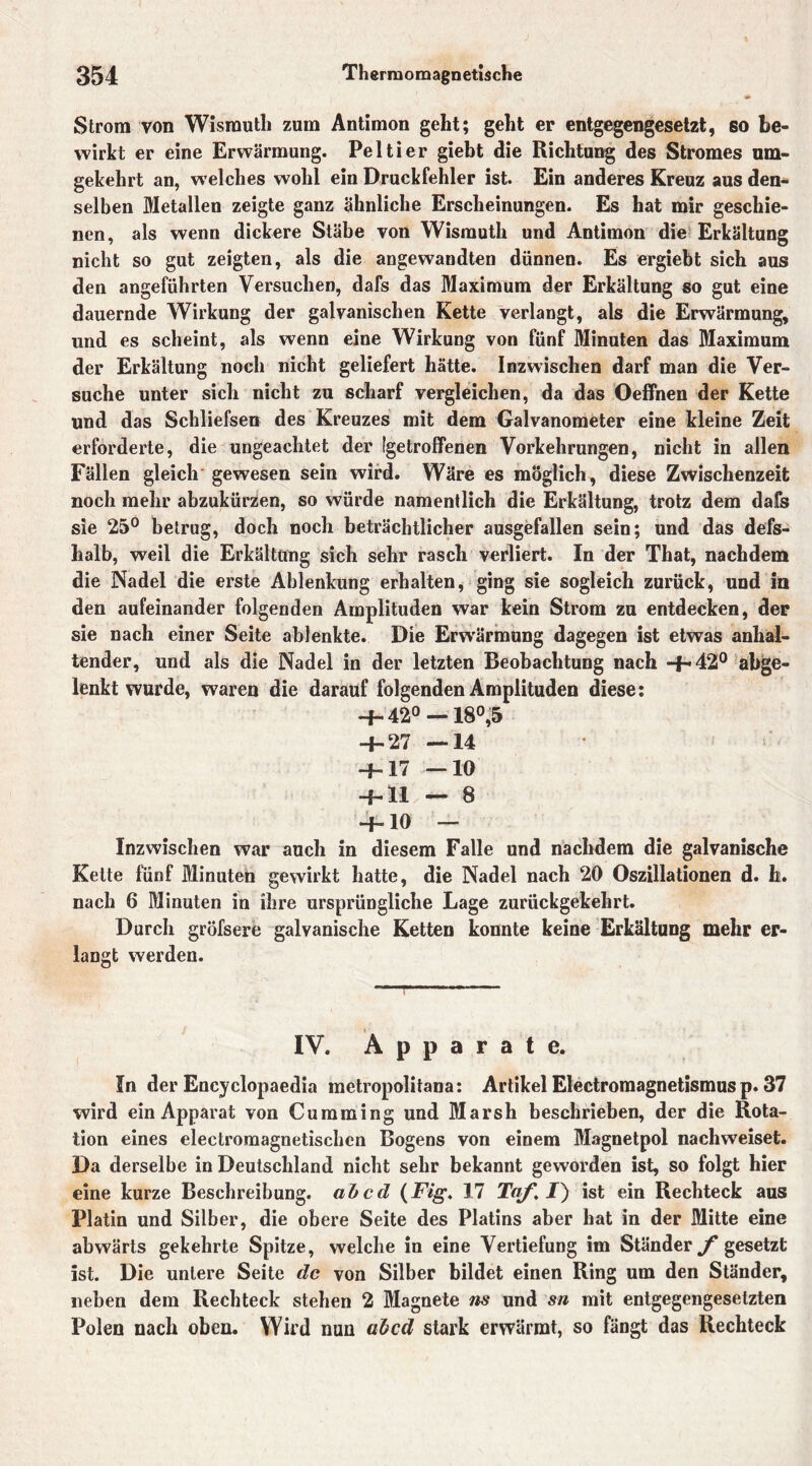 Strom von Wismut!» zum Antimon geht; geht er entgegengesetzt, so be- wirkt er eine Erwärmung. Peltier giebt die Richtung des Stromes um- gekehrt an, welches wohl ein Druckfehler ist. Ein anderes Kreuz aus den- selben Metallen zeigte ganz ähnliche Erscheinungen. Es hat mir geschie- nen, als wenn dickere Stäbe von Wismuth und Antimon die Erkältung nicht so gut zeigten, als die angewandten dünnen. Es ergiebt sich aus den angeführten Versuchen, dafs das Maximum der Erkältung so gut eine dauernde Wirkung der galvanischen Kette verlangt, als die Erwärmung, und es scheint, als wenn eine Wirkung von fünf Minuten das Maximum der Erkältung noch nicht geliefert hätte. Inzwischen darf man die Ver- suche unter sich nicht zu scharf vergleichen, da das Oeffnen der Kette und das Schliefsen des Kreuzes mit dem Galvanometer eine kleine Zeit erforderte, die ungeachtet der [getroffenen Vorkehrungen, nicht in allen Fällen gleich gewesen sein wird. Wäre es möglich, diese Zwischenzeit noch mehr abzukürzen, so würde namentlich die Erkältung, trotz dem dafs sie 25° betrug, doch noch beträchtlicher ausgefallen sein; und das defs- halb, weil die Erkältung sich sehr rasch verliert. In der That, nachdem die Nadel die erste Ablenkung erhalten, ging sie sogleich zurück, und in den aufeinander folgenden Amplituden war kein Strom zu entdecken, der sie nach einer Seite ablenkte. Die Erwärmung dagegen ist etwas anhal- tender, und als die Nadel in der letzten Beobachtung nach 4-42° abge- lenkt wurde, waren die darauf folgenden Amplituden diese: -+-42°— 18°,5 -1-27 —14 -f~ 17 —10 -1-11 — 8 -f-10 — Inzwischen war auch in diesem Falle und nachdem die galvanische Kette fünf Minuten gewirkt hatte, die Nadel nach 20 Oszillationen d. h. nach 6 Minuten in ihre ursprüngliche Lage zurückgekehrt. Durch gröfsere galvanische Ketten konnte keine Erkältung mehr er- langt werden. IV. Apparate. In der Encyclopaedia metropolitana: Artikel Electroraagnetismus p. 37 wird ein Apparat von Cumming und Marsh beschrieben, der die Rota- tion eines electroraagnetischen Bogens von einem Magnetpol nachweiset. Da derselbe in Deutschland nicht sehr bekannt geworden ist, so folgt hier eine kurze Beschreibung, ah cd (Fig. 17 T«/*. J) ist ein Rechteck aus Platin und Silber, die obere Seite des Platins aber hat in der Mitte eine abwärts gekehrte Spitze, welche in eine Vertiefung im Ständer f gesetzt ist. Die untere Seite de von Silber bildet einen Ring um den Ständer, neben dem Rechteck stehen 2 Magnete ns und sn mit entgegengesetzten Polen nach oben. Wird nun ah cd stark erwärmt, so fängt das Rechteck