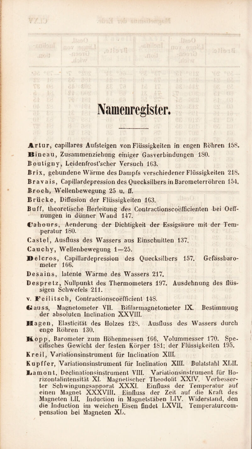 Namenregister. Artur, capillares Aufsteigen von Flüssigkeiten in engen Röhren 168* Bineau, Zusammenziehung einiger Gasverbindungen 180. Bouligny, Leidenfrosl’scher Versuch 163. Brix, gebundene Wärme des Dampfs verschiedener Flüssigkeiten 218. Brav a is, Capillardepression des Quecksilbers in Barometerröhren 154, Broch, Wellenbewegung 25 u, ff. Brücke, Diffusion der Flüssigkeiten 163. Buff, theoretische Herleilung des Contractionscoefficienlen bei Oeff- nungen in dünner Wand 147. Caho urs, Aenderung der Dichtigkeit der Essigsäure mit der Tem- peratur 180. Castel, Ausfluss des Wassers aus Einschnitten 137. Cauchy, Wellenbewegung 1—25. »elc ros, Capillardepression des Quecksilbers 157, Gcfässbaro- meter 166. Desains, latente Wärme des Wassers 217, Despretz, Nullpunkt des Thermometers 197. Ausdehnung des flüs- sigen Schwefels 211. V. Feilitsch, Conlractionscoefficient 148. Üauss, Magnetometer VII. Bifilarmagnetometer IX. Bestimmung der absoluten Inclination XXVIII. Hagen, Elasticität des Holzes 128, Ausfluss des Wassers durch enge Rohren 130, Äopp, Barometer zum Höhenmessen 166. Volummesser 170. Spe- cifisches Gewicht der festen Körper 181; der Flüssigkeiten 195. Kreil, Variationsinstrument für Inclination XIII. Kupffer, Variationsinstrument für Inclination XIII. ßulatstahl XLII. Eiamont, Declinationsinstrument VIII. Variationsinstrument für Ho- rizontalintensität XI. Magnetischer Theodolit XXIV. Verbesser- ter Schwingungsapparat XXXI. Einfluss der Temperatur auf einen Magnet XXXVIII. Einfluss der Zeit auf die Kraft des Magneten LII, Induction in Magnetstäben LIV. Widerstand, den die Induction im weichen Eisen findet LXVII. Temperalurcom-