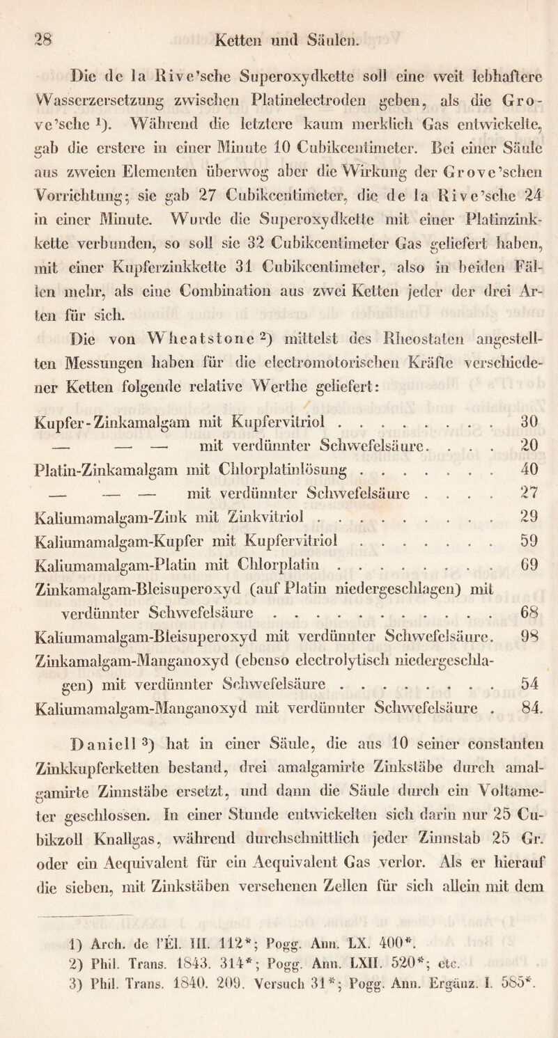 Die de la Rive’sche Superoxydkette soll eine weit lebhaftere Wasserzersetzung zwischen Platinelectroden geben, als die Gro- ve’sche 1). Während die letztere kaum merklich Gas entwickelte, gab die erstere in einer Minute 10 Cubikcentimeter. Bei einer Säule aus zweien Elementen überwog aber die Wirkung der Grove’schen Vorrichtung; sic gab 27 Cubikcentimeter, die de la Rive’sche 24 in einer Minute. Wurde die Superoxydkette mit einer Platinzink- kette verbunden, so soll sie 32 Cubikcentimeter Gas geliefert haben, mit einer Kupferzinkkette 31 Cubikcentimeter, also in beiden Fäl- len mehr, als eine Combinartion aus zwei Ketten jeder der drei Ar- ten für sich. Die von Wheatstone2) mittelst des Rheostaten angestell- ten Messungen haben für die electromotoriscben Kräfte verschiede- ner Ketten folgende relative Werthe geliefert: Kupfer-Zinkamalgam mit Kupfervitriol 30 — — — mit verdünnter Schwefelsäure. ... 20 Platin-Zinkamalgam mit Chlorplatinlösung 40 — — — mit verdünnter Schwefelsäure .... 27 Kaliumamalgam-Zink mit Zinkvitriol 29 Kaliumamalgam-Kupfer mit Kupfervitriol 59 Kaliumamalgam-Platin mit Chlorplatin 69 Zinkamalgam-Bleisuperoxyd (auf Platin niedergeschlagen) mit verdünnter Schwefelsäure 68 Kaliumamalgam-Bieisuperoxyd mit verdünnter Schwefelsäure. 98 Zinkamalgam-Manganoxyd (ebenso clectrolytiseh niedergeschla- gen) mit verdünnter Schwefelsäure 54 Kaliumamalgam-Manganoxyd mit verdünnter Schwefelsäure . 84. Daniel!3) hat in einer Säule, die aus 10 seiner constanten Zinkkupferketten bestand, drei amalgamirte Zinkstäbe durch amal- gamirte Zinnstäbe ersetzt, und dann die Säule durch ein Voltame- ter geschlossen. In einer Stunde entwickelten sich darin nur 25 Cu- bikzoll Knallgas, während durchschnittlich jeder Zinnstab 25 Gr. oder ein Aequivalent für ein Acquivalent Gas verlor. Als er hierauf die sieben, mit Zinkstäben versehenen Zellen für sich allein mit dem 1) Ärch. de l’El. HI. 112*; Fogg. Ami. LX. 400*. 2) Phil. Trans. 1843. 314*; Pogg. Aim. LXII. 520*; ctc. 3) Phil. Trans. 1840. 209. Versuch 31*; Pogg. Ann. Ergänz, i. 585*.