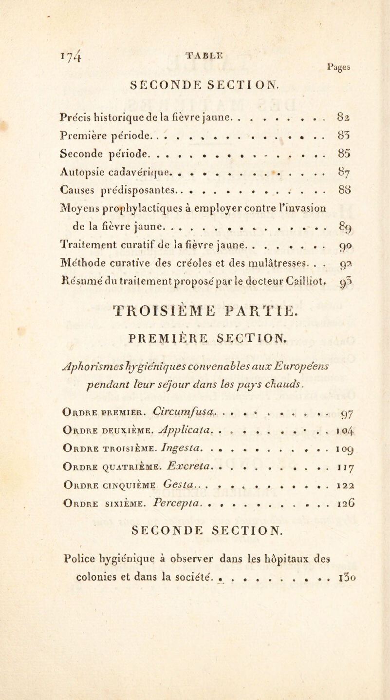 SECONDE SECTION. Pages Précis historique de la fièvre jaune Première période „ . . . ... . • . . Seconde période . . Autopsie cadavérique. . . Causes prédisposantes Moyens prophylactiques à employer contre l’invasion de la fièvre jaune . Traitement curatif de la fièvre jaune Méthode curative des créoles et des mulâtresses. . . Résumé du traitement proposé par îe docteur Cailiiot. 82 85 85 87 88 89 9° 92 r*' 9’ TROISIÈME PARTIE. PREMIÈRE SECTION. Aphorismes hygiéniques convenables aux Européens pendant leur séjour dans les pays chauds. Ordre premier. Circumfusa Ordre deuxieme. Applicata • . . j 04 O RDRE TROISIEME. Ingesta. ... ... . . . . . I 09 Ordre quatrième. Excréta. 117 Ordre cinquième Gesta 122 Ordre sixième. Percepta 126 SECONDE SECTION. Police hygiénique à observer dans les hôpitaux des colonies et dans la société i5o ♦ «