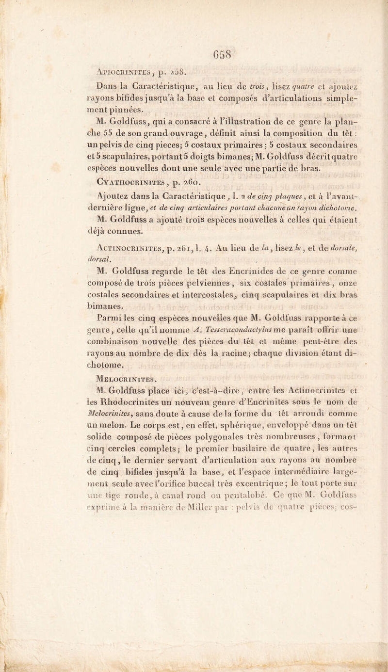 Dans la Caractéristique, au lieu de trois, lisez quatre et ajoutez rayons bifides jusqu’à la base et composés d’articulations simple- ment pinnées. M. Goldfuss, qui a consacré à l’illustration de ce genre la plan- che 55 de son grand ouvrage, définit ainsi la composition du têt : unpelvis de cinq pièces; 5 costaux primaires ; 5 costaux secondaires et 5 scapulaires, portant 5 doigts bimanes; M. Goldfuss décrit quatre espèces nouvelles dont une seule avec une partie de bras. Cyatiiocrinites , p. 260. Ajoutez dans la Caractéristique,, I. 2 de cinq plaques, et à l’avant- dernière ligne, et de cinq articulaires portant chacune un rayon dichotome. M. Goldfuss a ajouté trois espèces nouvelles à celles qui étaient déjà connues. Actinocrinites, p. 261,1. 4. Au lieu de la, lisez le} et de dorsale, dorsal. M. Goldfuss regarde le têt des Encrinides de ce genre comme composé de trois pièces pelviennes, six costales primaires, onze costales secondaires et intercostales,, cinq scapulaires et dix bras bimanes. Parmi les cinq espèces nouvelles que M. Goldfuss rapporte à ce genre, celle qu’il nomme A. Tesseracondaciylusme paraît offrir une combinaison nouvelle des pièces du têt et même peut-être des rayons au nombre de dix dès la racine; chaque division étant di- chotome. Melocrinites. M. Goldfuss place ici, c’est-à-dire, entre les Aclinocrimtcs et les Rhodocrinites un nouveau genre d’Encriniles sous le nom de Mclocrinites, sans doute à cause de la forme du têt arrondi comme un melon. Le corps est, en effet, sphérique, enveloppé dans un têt solide composé de pièces polygonales très nombreuses , formant cinq cercles complets; le premier basilaire de quatre, les autres de cinq, le dernier servant d’articulation aux rayons au nombre de cinq bifides jusqu’à la base, et l’espace intermédiaire large- ment seule avec l’orifice buccal très excentrique; le tout porte siu une tige ronde, à canal rond ou pentalobé. Ce que M. Goldfuss exprime à la manière de Miller par : pclvis de quatre pièces: cos-