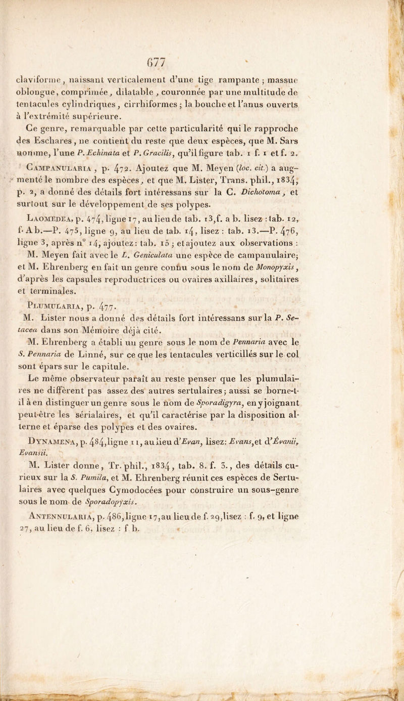 clavifonne, naissant verticalement d’une tige rampante ; massue oblongue, comprimée, dilatable , couronnée par une multitude de tentacules cylindriques, cirrhiformes ; la bouclie et l’anus ouverts à l’extrémité supérieure. Ce genre, remarquable par cette particularité qui le rapproche des Eschares , ne contient du reste que deux espèces, que M. Sars nomme, l’une P.Echinata et P. Gracilis, qu’ilfigure tab. i f. i et f. 2. Campanularia , p. 472. Ajoutez que M. Meyen (loc. cit.) a aug- menté le nombre des espèces, et que M. Lister, Trans. phil., 1834, p. 2, a donné des détails fort intéressans sur la G. Dichotoma, et surtout sur le développement de ses polypes. Laomedea, p. 474, ligne 17, au lieu de tab. i3,f. a b. lisez :tab. 12, f* Ab.—-P. 475, ligne 9, au lieu de tab. 14. lisez : tab. i3.—P. 476, ligne 3, après n° 14, ajoutez: tab. 10 ; et ajoutez aux observations : M. Meyen fait avec le L. Geniculata une espèce de campanulaire; et M. Ehrenberg en fait un genre connu sous le nom de Monopyxis, d’après les capsules reproductrices ou ovaires axillaires, solitaires et terminales. Pltjmulària, p. 477- M. Lister nous a donné des détails fort intéressans sur la P. Se- tacea dans son Mémoire déjà cité. M. Ehrenberg a établi un genre sous le nom de Pennaria avec le S. Pennaria de Linné, sur ce que les tentacules verticillés sur le col sont épars sur le capitule. Le même observateur paraît au reste penser que les plumulai- res ne diffèrent pas assez des autres sertulaires; aussi se borne-t- il à en distinguer un genre sous le nom de Sporadigyra, eny joignant peut-être les sérialaires, et qu’il caractérise par la disposition al- terne et éparse des polypes et des ovaires. Dynamena, p. 484,ligne 11, aulieu d’Evany lisez: Eeans}et d’Évanii, Evaiisii. M. Lister donne, Tr. phil., 1834, tab. 8. f. 3., des détails cu- rieux sur la S. Pumila, et M. Ehrenberg réunit ces espèces de Sertu- laires avec quelques Cymodocées pour construire un sous-genre sous le nom de Sporadopyxis. Antennularia, p. 486, ligne 17,au lieu de f. 29,lisez : f. 9, et ligne