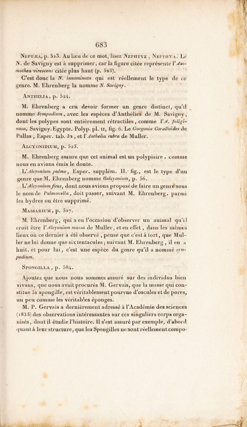 Neptæa, p. 5a3. Au lieu de ce mot, lisez Nephtye , NepthYa. Le N. de Sayigny est à supprimer, car la ligure citée représente Y Am- mothea mirescens citée plus haut (p. 5a3). C’est donc la N. innominata qui est réellement le type de ce genre. M. Ehrenberg la nomme N. Savigny. Anthelia, p. 524. M. Ehrenberg a cru devoir former un genre distinct, qu’il nomme Sympodium, avec les espèces d’Anthélies de M. Savigny, dont les polypes sont entièrement rétractiles, comme Y y!. fuligi- nosa, Savigny. Egypte. Polyp. pl. II, fîg. 6. Le Gorgonia Corallo'ides de Pallas , Esper. tab. 3 a , et Y Anthelia rubra de Muller. Alcyonidilm, p. 52 5. M. Ehrenberg assure que cet animal est un polypiaire > comme nous en avions émis le doute. L’Alcyonium puhno, Esper. supplém. II. fîg., est le type d’un genre queM. Ehrenberg nomme Halcyonium, p. 56. L ’Alcyonium ficus, dont nous avions proposé de faire un genre sous le nom de Pulmonella, doit passer, suivant M. Ehrenberg, parmi les hydres ou être supprimé. Massarium, p. 327. M. Ehrenberg, qui a eu l’occasion d’observer un animal qu’il croit être Y Alcyonium massa de Muller, et en effet, dans les mêmes lieux ou ce dernier a été observé , pense que c’est à tort, que Mul- ler ne lui donne que six tentacules ; suivant M. Ehrenberg , il en a huit, et pour lui, c’est une espèce du genre qu’il a nommé sym- podium. Spongilla , p. 584. Ajoutez que nous nous sommes assuré sur des individus bien vivans, que nous avait procurés M. Gervais, que la masse qui con- stitue la spongille, est véritablement pourvue d’oscules et de pores, un peu comme les véritables éponges. M. P. Gervais a dernièrement adressé à l’Académie des sciences (i83 5) des observations intéressantes sur ces singuliers corps orga- nisés, dont il étudie l’histoire. Il s’est assuré par exemple, d’abord quant à leur structure, que les Spongilles 11e sont réellement compo-