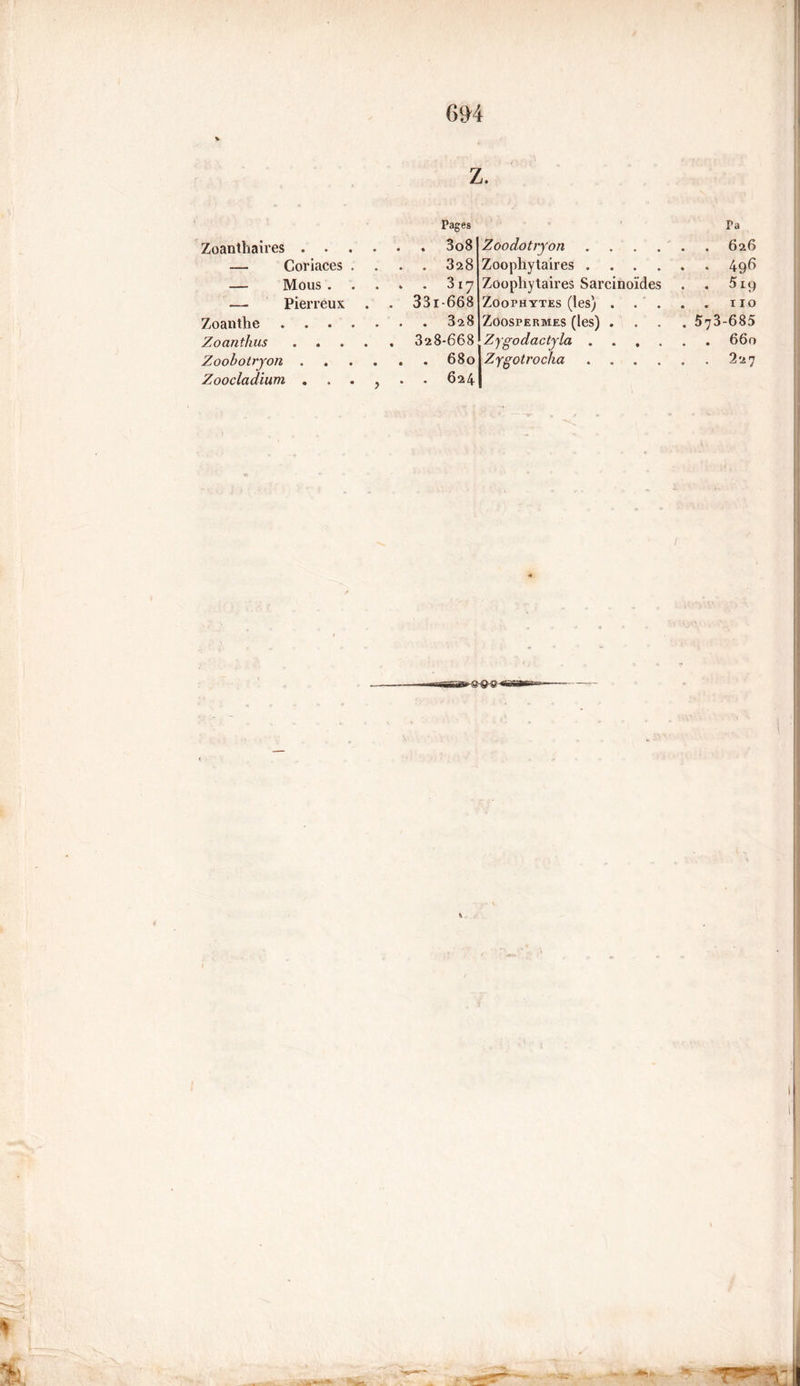 Zoanthaires . — Coriaces . — Mous . — Pierreux Zoanthe . . . . Zoanthus Zoobotryon . Zoocladium . . . Pages . . 3o8 Z 00 dot ryon . . . 328 Zoophytaires . . . . . 317 Zoopliytaires Sarcinoïdes . 331-668 Zoophytes (les) . . ' . . . 328 Zoospermes (les) . . 328-668 Zygodactyla . . , . . 680 . . 624 Zygotrocha . . . Ta . . 6 26 . . 496 • • Sig . . 110 . 573-685 . . 660 . . 227 / T&* v