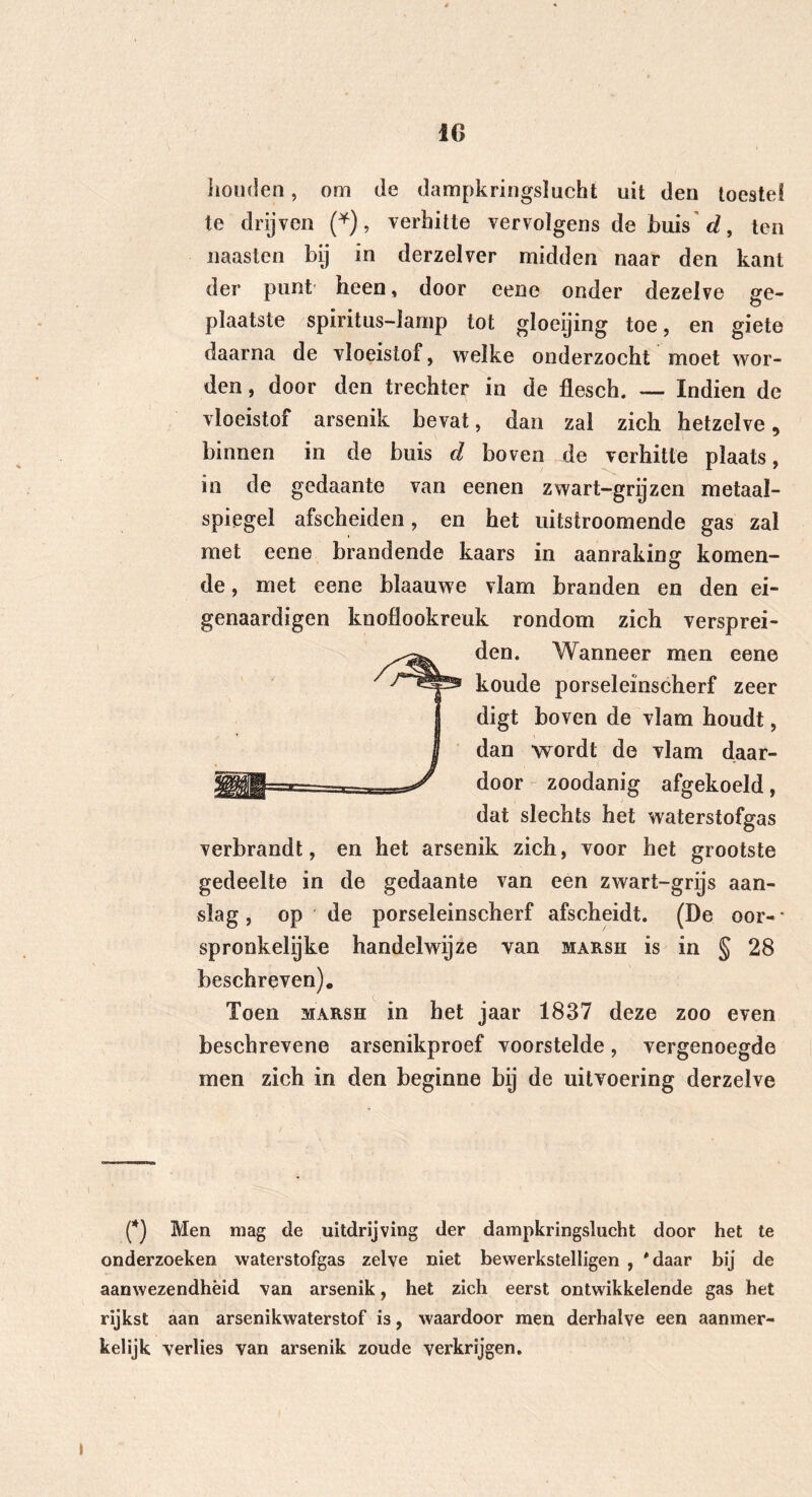 honden, om de dampkringslucht uit den toestel te drijven (*), verhitte vervolgens de buis d, ten naasten bij in derzelver midden naar den kant der punt heen, door eene onder dezelve ge- plaatste spiritus-Iarnp tot gloeijing toe, en giete daarna de vloeistof, welke onderzocht moet wor- den, door den trechter in de flesch. — Indien de vloeistof arsenik bevat, dan zal zich hetzelve, binnen in de buis d boven de verhitte plaats, in de gedaante van eenen zwart-grijzen metaal- spiegel afscheiden, en het uitstroomende gas zal met eene brandende kaars in aanraking komen- de , met eene blaauwe vlam branden en den ei- genaardigen knoflookreuk rondom zich versprei- den. Wanneer men eene koude porseleinscherf zeer digt boven de vlam houdt, dan wordt de vlam daar- door zoodanig afgekoeld, dat slechts het waterstofgas verbrandt, en het arsenik zich, voor het grootste gedeelte in de gedaante van een zwart-grijs aan- slag, op de porseleinscherf afscheidt. (De oor- spronkelijke handelwijze van marsh is in § 28 beschreven). Toen marsh in het jaar 1837 deze zoo even beschrevene arsenikproef voorstelde, vergenoegde men zich in den beginne bij de uitvoering derzelve (*) Men mag cle uitdrijving der dampkringslucht door het te onderzoeken waterstofgas zelve niet bewerkstelligen , 'daar bij de aanwezendhèid van arsenik, het zich eerst ontwikkelende gas het rijkst aan arsenikwaterstof is, waardoor men derhalve een aanmer- kelijk verlies van arsenik zoude verkrijgen. I