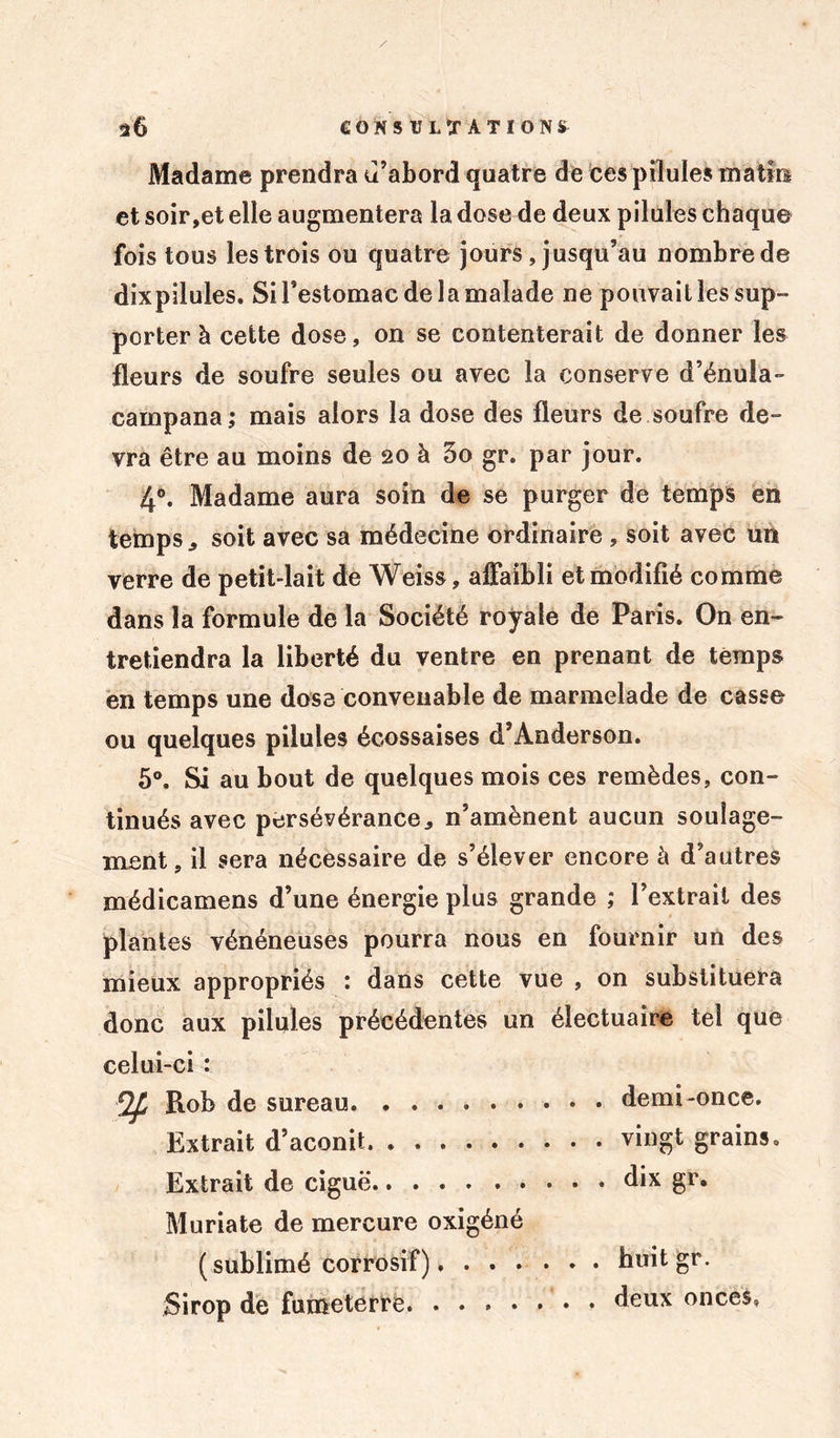 Madame prendra u’abord quatre de ces pilules matin et soir,et elle augmentera la dose de deux pilules chaque fois tous les trois ou quatre jours, jusqu’au nombre de dixpilules. Si l’estomac de la malade ne pouvait les sup- porter à cette dose, on se contenterait de donner les fleurs de soufre seules ou avec la conserve d’énula- campana; mais alors la dose des fleurs de soufre de- vra être au moins de 20 à 3o gr. par jour. 4°. Madame aura soin de se purger de temps en temps., soit avec sa médecine ordinaire , soit avec un verre de petit-lait de Weiss, affaibli et modifié comme dans la formule de la Société royale de Paris. On en- tretiendra la liberté du ventre en prenant de temps en temps une dose convenable de marmelade de casse ou quelques pilules écossaises d’Anderson. 5°. Si au bout de quelques mois ces remèdes, con- tinués avec persévérancen’amènent aucun soulage- ment, il sera nécessaire de s’élever encore à d’autres médicamens d’une énergie plus grande ; l’extrait des plantes vénéneuses pourra nous en fournir un des mieux appropriés : dans cette vue , on substituera donc aux pilules précédentes un électuaire tel que celui-ci : y Rob de sureau. demi-once. Extrait d’aconit. vingt grains. Extrait de ciguë. dix gr. Muriate de mercure oxigéné (sublimé corrosif) huit gr. Sirop de fumotcrre deux onces»