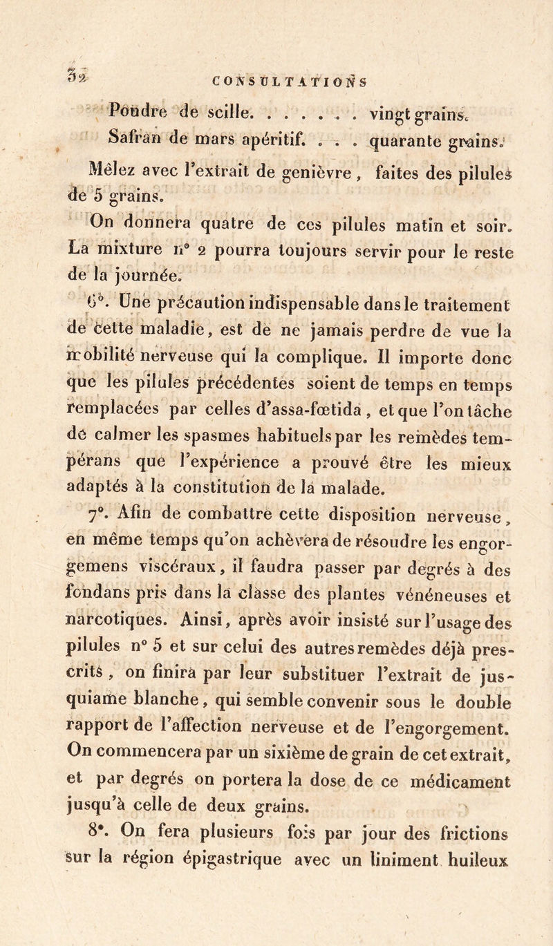 5 2 Poudre de scille . vingt grainsc Safran de mars apéritif. . . . quarante grains.' Mêlez avec l’extrait de genièvre, faites des piluleè de 5 grains. On donnera quatre de ces pilules matin et soir. La mixture n0 2 pourra toujours servir pour le reste de la journée. Une précaution indispensable dans le traitement de cette maladie, est de ne jamais perdre de vue la mobilité nerveuse qui la complique. Il importe donc que les pilules précédentes soient de temps en temps remplacées par celles d’assa-fœtîda , et que l’on tâche de calmer les spasmes habituels par les remèdes tem~ pérans que l’expérience a prouvé être les mieux adaptés à la constitution de la malade. 70. Afin de combattre cette disposition nerveuse, en même temps qu’on achèvera de résoudre les engor- gemens viscéraux, il faudra passer par degrés à des fohdans pris dans la classe des plantes vénéneuses et narcotiques. Ainsi, après avoir insisté sur l’usage des pilules n° 5 et sur celui des autres remèdes déjà près» crits, on finira par leur substituer l’extrait de jus- quiame blanche, qui semble convenir sous le double rapport de l’affection nerveuse et de l’engorgement. On commencera par un sixième de grain de cet extrait, et par degrés on portera la dose de ce médicament jusqu’à celle de deux grains. 8*. On fera plusieurs fois par jour des frictions sur la région épigastrique avec un liniment huileux