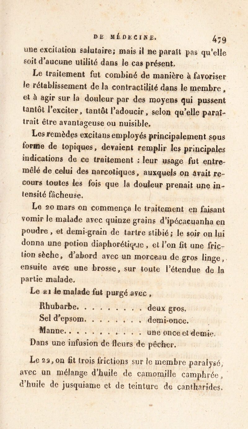 une excitation salutaire; mais il ne paraît pas qu’elle soit d aucune utilité dans le cas présent. Le traitement fut combiné de manière à favoriser le rétablissement de la contractilité dans le membre , et à agir sur la douleur par des moyens qui pussent tantôt 1 exciter, tantôt l’adoucir, selon qu’elle paraî- trait être avantageuse ou nuisible. Les remèdes excitans employés principalement sous forme de topiques, devaient remplir les principales indications de ce traitement : leur usage fut entre” mêlé de celui des narcotiques, auxquels on avait re- cours toutes les fois que la douleur prenait une in- tensité fâcheuse. Le 20 mars on commença le traitement en faisant vomir le malade avec quinze grains d’ipécacuanha en poudre , et demi-grain de tartre stiblé ; le soir on lui donna une potion diaphonique, et l’on fit une fric- tion sèche » d’abord avec un morceau de gros linge,. ensuite avec une brosse, sur toute l’étendue de la partie malade. Le 21 le malade fut purgé avec , Rhubarbe. deux gros. Sel d’epsom. ....... demi-once. Manne. ••••«.*... une once et demie. Dans une infusion de Heurs de pêcher. Le 22, on fit trois frictions sur le membre paralysé, avec un mélange d’huile de camomille camphrée, d’huile de jusquiame et de teinture de cantharides.