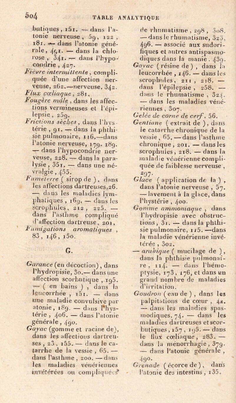 butiques, îâi* — dans l’a- tonie nerveuse, 59, 122, 181. dans l’atonie géné- rab ) 49ï. — dans la chlo- rose , 34.1. — dans l’fcypoJ condrie , 427. Fièvre intermittente, compli- quée d’une affection ner- veuse, 262.—nerveuse, 342. Fluoo cœliaque, 281. Fougère mâle , dans les affec- tions vermineuses et l’épi- lepsie , 25g. Frictions sèches, dans l’hys- térie , 91. — dans la phthi- sie pulmonaire, 116.—dans l’atonie nerveuse, 179. 189. — dans l’hypocondrie ner- veuse, 228. — dans la para- lysie , 35r. — dans une né- vralgie , 455. Fumèterre ( sirop de ) , dans les affections dartreuses.26. — dans les maladies lym- phatiques , 169, — dans les scrophules, 212, 225. — dans l’asthme compliqué d’affection dartreuse, 201. Fumigations aromatiques , 83 , 146 , i5o. G. Garance (en décoction) , dans l’hydropisie, 3o.—- dans une affection scorbutique ,195. ~ ( en bains ) 5 dans la leucorrhée , i5i. — dans une maladie convulsive par atonie, 189. — dans Phvs- térie , 406. — dans l’atonie générale, 490. Gayac (gomme et racine de), dans les atfeclions dartreu- ses , 23 , i55. — dans le ca- tarrhe de la vessie ,65. — dans l’asthme , 200. — dans les maladies vénériennes invétérées ou compliquée^ de rhumatisme , 298 , 308. — dans le rhumatisme, 323, 496. — associé aux sudori- fiques et autres antispasmo- diques dans la manie. 43q. Gayac (résine de) , dans la leucorrhée , 146. —■ dans les scrophules, 211 , 2ï8. — dans l’épilepsie , 258. —- dans !e rhumatisme, S2/1. — dans les maladies véné- riennes , 307. Gelée de corne de cerf , 56. Gentiane ( extrait de ), dans le catarrhe chronique de la vessie, 65.—dans l’asthme chronique, 201. —dans les scrophules, 218. —- dans la maladie vénérienne compli- quée de faiblesse nerveuse , *97- Glace ( application de la ') , dans l’atonie nerveuse , 57. — lavement à la glace, dans l’hystérie , 400. Go mine ammoniaque , dans l’hydropisie avec obstruc- tions, 3i. — dans la phthi- sie pulmonaire, n5. —dans la maladie vénérienne invé- térée , 302. —- arabique ( mucilage de ) , dans la phthisie pulmonai- re , 04. — dans l’hémo- ptysie, 173, 176,et dans un grand nombre de maladies d’irritation. Goudron (eau de ) , dans les palpitations de cœur , — dans les maladies spas- modiques, 74- — dans les maladies dartreuses et scor- butiques , 167 , iq5. —- dans le flux cœliaque, 283. — dans la ménorrliagie, 379. — dans l’atonie générale , 490. Grenade ( écorce de ) , dans l’atonie des intestins, i35„