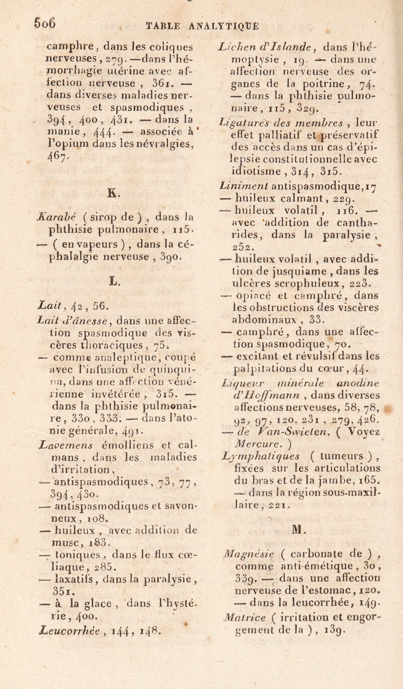 camphre, dans les coliques nerveuses , 279. —dans Thé- inorrhagie utérine avec af- fection nerveuse , 36i. — dans diverses maladies ner- veuses et spasmodiques , 3g4 , 4°o , /|3i. dans la manie, 444* — associée à* l’opium dans les névralgies, 467. S. .Karabé ( sirop de ) , dans la phthisie pulmonaire, ii5» — ( en vapeurs ) , dans la cé- phalalgie nerveuse , 390» L. Lait, 42 , 56. Lait d’ânesse, dans une affec- tion spasmodique des vis- cères thoraciques, 76* — comme analeptique, coupé avec l'infusion de quinqui- na, clans une affecliou véné- rienne invétérée , 3i5. — dans la phthisie pulmonai- re , 33o , 33>3. —- dans l’ato- nie générale, 49J* Lavemens émoJliens et caï- mans . dans les maladies d’irritation, — antispasmodiques, 73, 77, 394,430. — antispasmodiques et savon- neux , 108. — huileux , avec addition de musc, 18 3. — toniques, dans le flux coe- liaque, 285. -— laxatifs, dans la paralysie , 35i. «— à la glace , dans l’hysté- rie , 400. Leucorrhée f 144 ? *4^* Lichen cPIslande, dans l’hé- moptysie , 19. dans une affection nerveuse des or- ganes de la poitrine, 74, -—-dans la phthisie pulmo- naire , n5, 329. Ligatures des membres , leur effet palliatif et préservatif des accès dans un cas d’épi- lepsie constitutionnelle avec idiotisme , 3i4, 3i5. Uniment antispasmodique, 17 — huileux calmant , 229. —-huileux volatil, 116. — avec ‘addition de cantha- rides, dans la paralysie , 2Ô2. — huileux volatil , avec addi- tion de jusquiame , dans les ulcères scrophuleux, 223, — opiacé et camphré, dans les obstructions des viscères abdominaux , 33. — camphré, dans une affec- tion spasmodique, 70. — excitant et révulsif dans les palpitations du cœur, 44. Liqueur minérale anodine d’Hoffmann , dans diverses affections nerveuses, 58, 78, 92, 97, 120, a3i , 279, 426. — de Van-Swielen. ( Voyez Mercure. ) Lymphatiques ( tumeurs ) , fixées sur les articulations du bras et de la jambe, i65. — dans la région sous-rnaxiî- laire, 221. M. Magnésie ( carbonate de ) , comme anti émétique , 3o , 33g. — dans une affection nerveuse de l’estomac, 120. — dans la leucorrhée, 149- Matrice ( irritation et engor- gement de la ) , i3g.