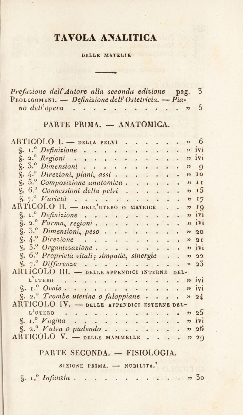 TAVOLA ANALITICA DELLE MATE Hi E Prefazione dell'Autore alla seconda edizione pag- 3 Prolegomeni. ■— Definizione dell'Ostetricia. —~ Pia- no dell'opera » 5 PARTE PRIMA. — ANATOMICA. ARTICOLO I. — della pelvi » 6 §. i.° Definizione » ivi §. 2.° Regioni . « ivi §. 3.° Dimensioni ”9 §. 4-° Direzioni, piani, assi » ió §. 5.° Composizione anatomica » n §. 6.° Connessioni della pelvi a 15 §• y.° Varietà ìj ARTICOLO li. — dell’utero o matrice . . « 19 §• i.° Definizione .......... « ivi §. 2.0 Forma, regioni . . . » ivi §. 3.° Dimensioni, peso « ao §. 4*° Direzione » qi §. 5.° Organizzazione « ivi §. 6.° Proprietà vitali} simpatie, sinergie . . » 22 §. 7.0 Differenze . » 23 ARTICOLO III. — delle appendici interne del* l’utero «ivi §. i.° Ovaie . « ivi §. 2.0 Trombe uterine o faloppiane . . . . >>24 ARTICOLO IV. — delle appendici esterne del~ l’utero « 25 §. i.° Vagina « ivi §. 2.0 Vulva o pudendo . >» 26 ARTICOLO V. DELLE MAMMELLE . ...» 29 PARTE SECONDA. — FISIOLOGIA. SEZIONE PRIMA. NUBILITA.’ §. i.° Infanzia « 3o
