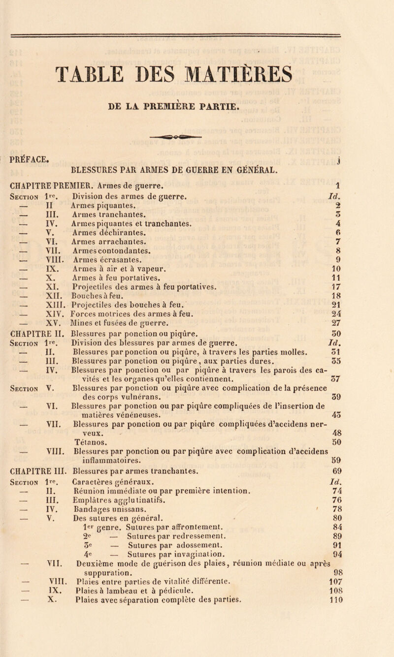 TABLE DES MATIÈRES DE LA PREMIERE PARTIE. PRÉFACE. j BLESSURES PAR ARMES DE GUERRE EN GÉNÉRAL. CHAPITRE PREMIER. Armes de guerre. 1 Section jre. Division des armes de guerre. Id. — II Armes piquantes. 2 — III. Armes tranchantes. 5 _ IV. Armes piquantes et tranchantes. 4 — V. Armes déchirantes. 6 — VI. Armes arrachantes. 7 — VII. Armes contondantes. 8 —- VIII. Armes écrasantes. 9 — IX. Armes à air et à vapeur. 10 , X. Armes à feu portatives. 11 — XI. Projectiles des armes à feu portatives. 17 — XII. Bouches à feu. 18 — XIII. Projectiles des bouches à feu. 21 XIV. Forces motrices des armes à feu. 24 — XV. Mines et fusées de guerre. 27 CHAPITRE II. Blessures par ponction ou piqûre. 30 Section Ire. Division des blessures par armes de guerre. Jd. — 11. Blessures par ponction ou piqûre, à travers les parties molles. 31 — III. Blessures par ponction ou piqûre, aux parties dures. 35 — IV. Blessures par ponction ou par piqûre à travers les parois des ca- vités et les organes qu’elles contiennent. 37 Section V. Blessures par ponction ou piqûre avec complication de la présence des corps vulnérans. 39 — VI. Blessures par ponction ou par piqûre compliquées de l’insertion de matières vénéneuses. 45 — VII. Blessures par ponction ou par piqûre compliquées d’accidens ner- veux. 48 Tétanos. 50 — VIII. Blessures par ponction ou par piqûre avec complication d’accidens inflammatoires. 59 CHAPITRE III. Blessures par armes tranchantes. 69 Section jre. Caractères généraux. Id. — IL Réunion immédiate ou par première intention. 74 — III. Emplâtres agglutinatifs. 76 — IV. Bandages unissans. t 78 — V. Des sutures en général. 80 1er genre. Sutures par affrontement. 84 2e — Sutures par redressement. 89 5e — Sutures par adossement. 91 4e — Sutures par invagination. 94 — VII. Deuxième mode de guérison des plaies, réunion médiale ou après suppuration. 98 — VIII. Plaies entre parties de vitalité différente. 107 — IX. Plaies à lambeau et à pédicule. 108 — X. Plaies avec séparation complète des parties. 110