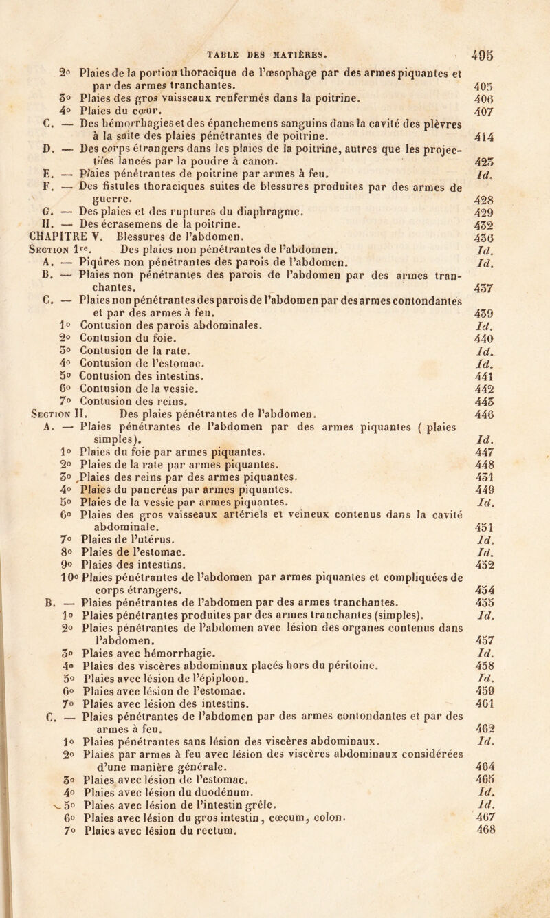 2° Plaies de la portion thoracique de l’œsophage par des armes piquantes et par des armes tranchantes. 405 5° Plaies des gros vaisseaux renfermés dans la poitrine. 400 4° Plaies du cœur. 407 C. — Des hémorrhagiesetdes épanchemens sanguins dans la cavité des plèvres à la suite des plaies pénétrantes de poitrine. 414 D. — Des corps étrangers dans les plaies de la poitrine, autres que les projec- tiles lancés par la poudre à canon. 425 E. — Plaies pénétrantes de poitrine par armes à feu. ld. F. — Des fistules thoraciques suites de blessures produites par des armes de guerre. 428 G. — Des plaies et des ruptures du diaphragme. 429 H. — Des écrasemens de la poitrine. 452 CHAPITRE Y, Blessures de l’abdomen. 456 Section lre. Des plaies non pénétrantes de l’abdomen. Id. A. — Piqûres non pénétrantes des parois de l’abdomen. Id. B. — Plaies non pénétrantes des parois de l’abdomen par des armes tran- chantes. __ 457 C. — Plaies non pénétrantes desparoisde l’abdomen par desarmescontondantes et par des armes à feu. 459 1° Contusion des parois abdominales. Id. 2° Contusion du foie. 440 5° Contusion de la rate. Id. 4° Contusion de l’estomac. Id. 5° Contusion des intestins. 441 6° Contusion de la vessie. 442 7° Contusion des reins. 445 Section II. Des plaies pénétrantes de l’abdomen. 446 A. — Plaies pénétrantes de l’abdomen par des armes piquantes ( plaies simples). Id. 1° Plaies du foie par armes piquantes. 447 2° Plaies de la rate par armes piquantes. 448 5° ,Plaies des reins par des armes piquantes. 451 4° Plaies du pancréas par armes piquantes. 449 5° Plaies de la vessie par armes piquantes. Id. 6° Plaies des gros vaisseaux artériels et veineux contenus dans la cavité abdominale. 451 7° Plaies de l’utérus. Id. 8° Plaies de l’estomac. Id. 9° Plaies des intestins. 452 10° Plaies pénétrantes de l’abdomen par armes piquantes et compliquées de corps étrangers. 454 B. — Plaies pénétrantes de l’abdomen par des armes tranchantes. 455 1 ° Plaies pénétrantes produites par des armes tranchantes (simples). Id. 2° Plaies pénétrantes de l’abdomen avec lésion des organes contenus dans l’abdomen. 457 5° Plaies avec hémorrhagie. Id. 4° Plaies des viscères abdominaux placés hors du péritoine. 458 5° Plaies avec lésion de l’épiploon. ld. 6° Plaies avec lésion de l’estomac. 459 7° Plaies avec lésion des intestins. 4C1 C. — Plaies pénétrantes de l’abdomen par des armes contondantes et par des armes à feu. 462 Plaies pénétrantes sans lésion des viscères abdominaux. Id. 2° Plaies par armes à feu avec lésion des viscères abdominaux considérées d’une manière générale. 464 5° Plaies avec lésion de l’estomac. 465 4° Plaies avec lésion du duodénum. ld. x_5° Plaies avec lésion de l’intestin grêle. ld. 6° Plaies avec lésion du gros intestin, cæcum, colon. 467 7° Plaies avec lésion du rectum. 468
