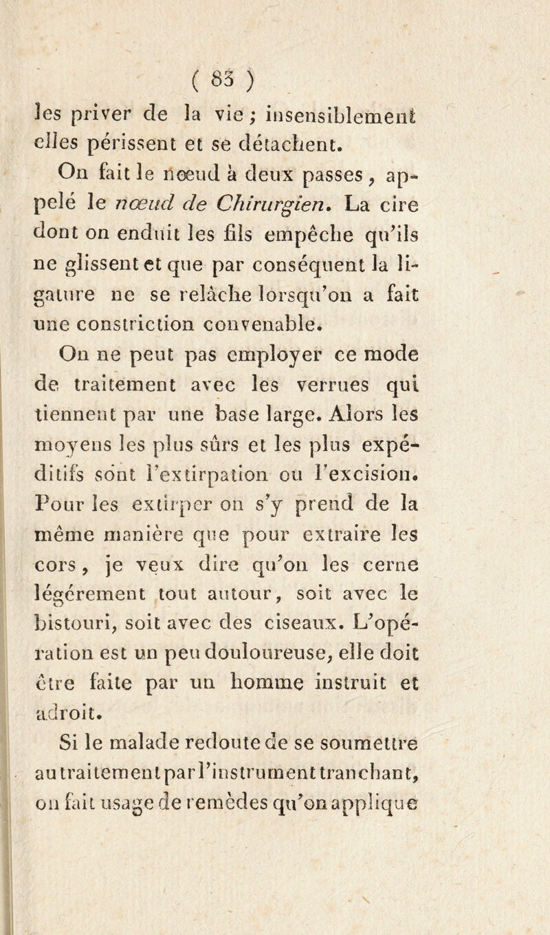 les priver de 3a vie ; insensiblement; elles périssent et se détachent. On fait 3e nœud a deux passes , ap- pelé le nœud de Chirurgien. La cire dont on enduit îes fils empêche qu’ils ne glissent et que par conséquent la li- gature ne se relâche lorsqu’on a fait une constriction convenable. On ne peut pas employer ce mode de traitement avec les verrues qui tiennent par une base large. Alors les moyens les plus sûrs et les plus expé- ditifs sont l’extirpation ou l’excision. Pour îes extirper on s’y prend de la même manière que pour extraire îes cors, je veux dire qu’on les cerne légèrement tout autour, soit avec le bistouri, soit avec des ciseaux. L’opé- ration est un peu douloureuse, elle doit être faite par un homme instruit et adroit. Si le malade redoute de se soumettre au traitemen t par l’instrument tranchant, on fait usage de remèdes qu’on applique \