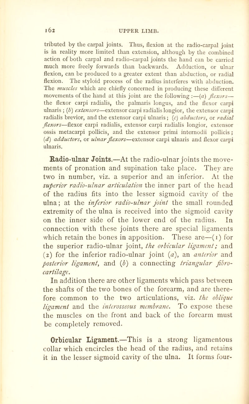 tributed by the carpal joints. Thus, flexion at the radio-carpal joint is in reality more limited than extension, although by the combined action of both carpal and radio-carpal joints the hand can be carried much more freely forwards than backwards. Adduction, or ulnar flexion, can be produced to a greater extent than abduction, or radial flexion. The styloid process of the radius interferes with abduction. The muscles which are chiefly concerned in producing these different movements of the hand at this joint are the following :—(a) flexors— the flexor carpi radialis, the palmaris longus, and the flexor carpi ulnaris ; (5) extensors—extensor carpi radialis longior, the extensor carpi radialis brevior, and the extensor carpi ulnaris ; {c) abductors, or radial flexors—flexor carpi radialis, extensor carpi radialis longior, extensor ossis metacarpi pollicis, and the extensor primi intemodii pollicis; (d) adductors, or ulnar flexors—extensor carpi ulnaris and flexor carpi ulnaris. Radio-ulnar Joints.—At the radio-ulnar joints the move¬ ments of pronation and supination take place. They are two in number, viz. a superior and an inferior. At the superior radio-iilnar articulation the inner part of the head of the radius fits into the lesser sigmoid cavity of the ulna; at the inferior radio-ulnar joint the small rounded extremity of the ulna is received into the sigmoid cavity on the inner side of the lower end of the radius. In connection with these joints there are special ligaments which retain the bones in apposition. These are—(1) for the superior radio-ulnar joint, the orbicular ligament; and (2) for the inferior radio-ulnar joint (a), an anterior and posterior ligament, and (b) a connecting triangular fibro- cartilage. In addition there are other ligaments which pass between the shafts of the two bones of the forearm, and are there¬ fore common to the two articulations, viz. the oblique ligament and the interosseous membrane. To expose these the muscles on the front and back of the forearm must be completely removed. Orbicular Ligament.—This is a strong ligamentous collar which encircles the head of the radius, and retains it in the lesser sigmoid cavity of the ulna. It forms four-